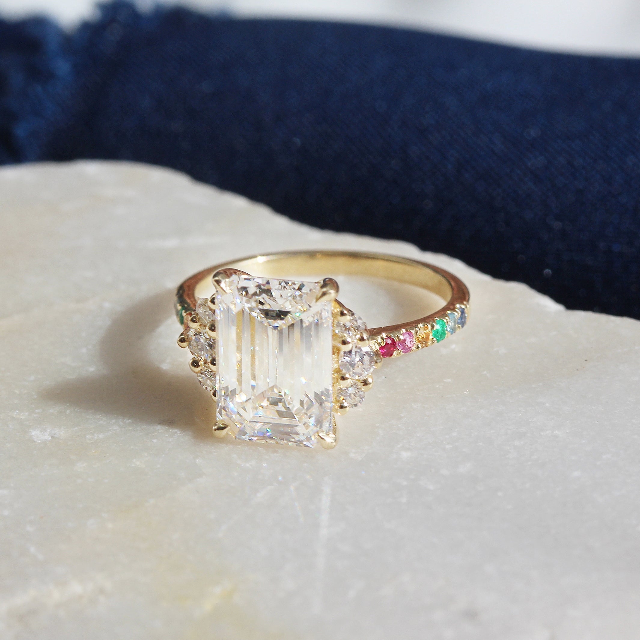 4CT Emerald Cut Diamond Rainbow Band Engagement Ring - Parvati