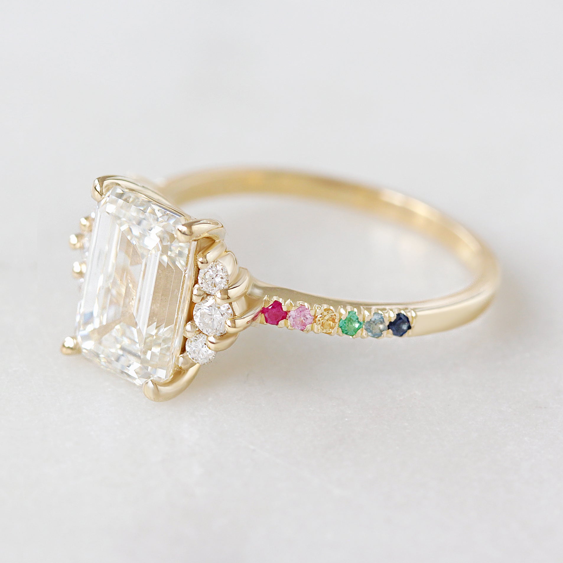 4CT Emerald Cut Diamond Rainbow Band Engagement Ring - Parvati