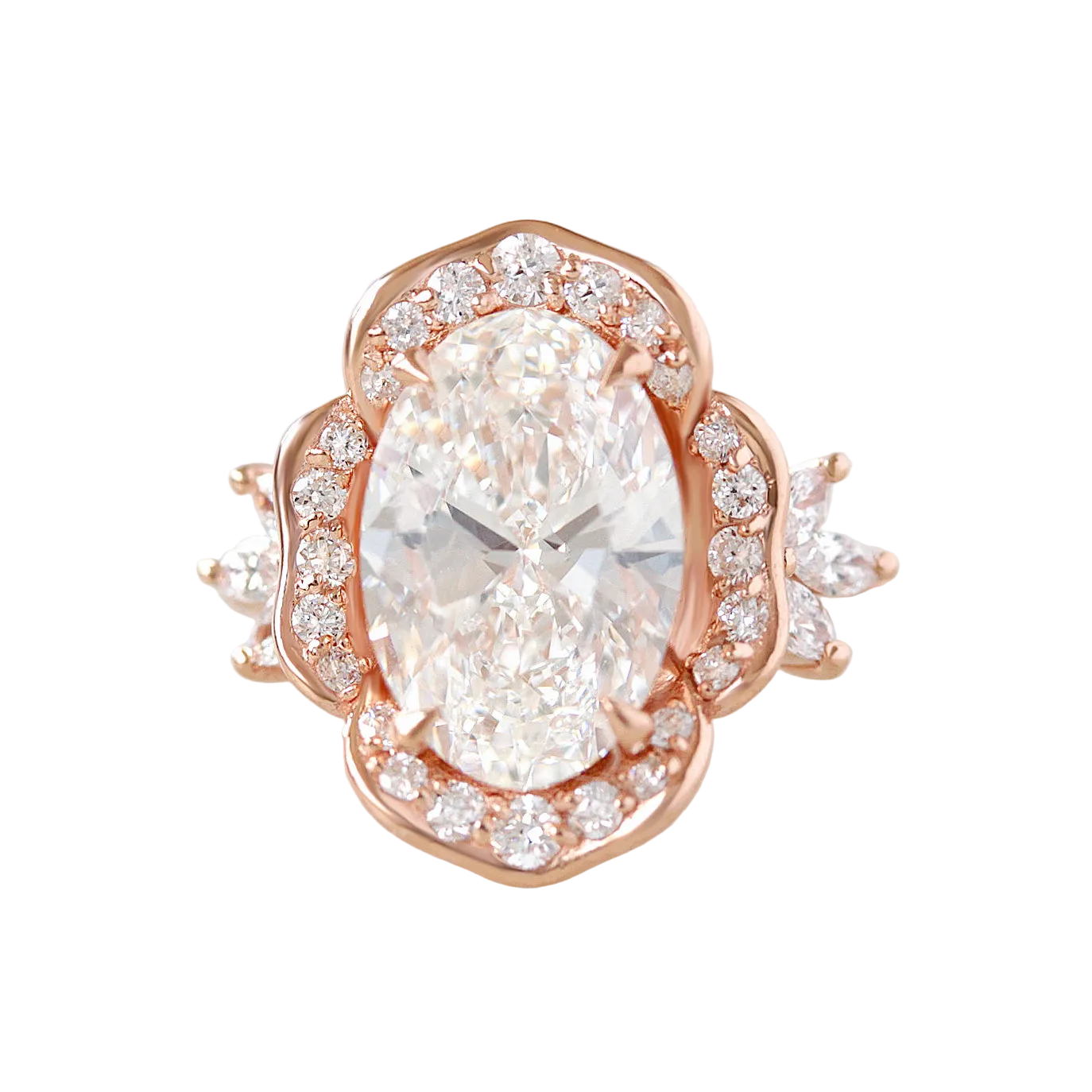 4ct Oval Cut Lab Grown Diamond Flower Statement, Camellia, nature inspired engagemetn ring, flower diamond ring