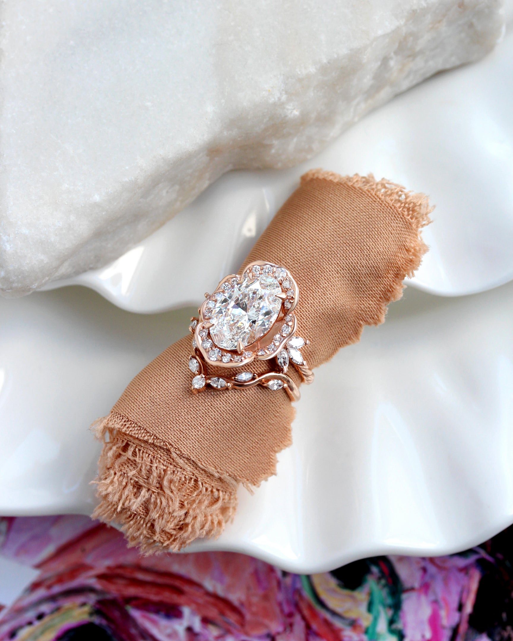 4ct Oval Cut Lab Grown Diamond Flower Statement, Camellia, nature inspired engagemetn ring, flower diamond ring