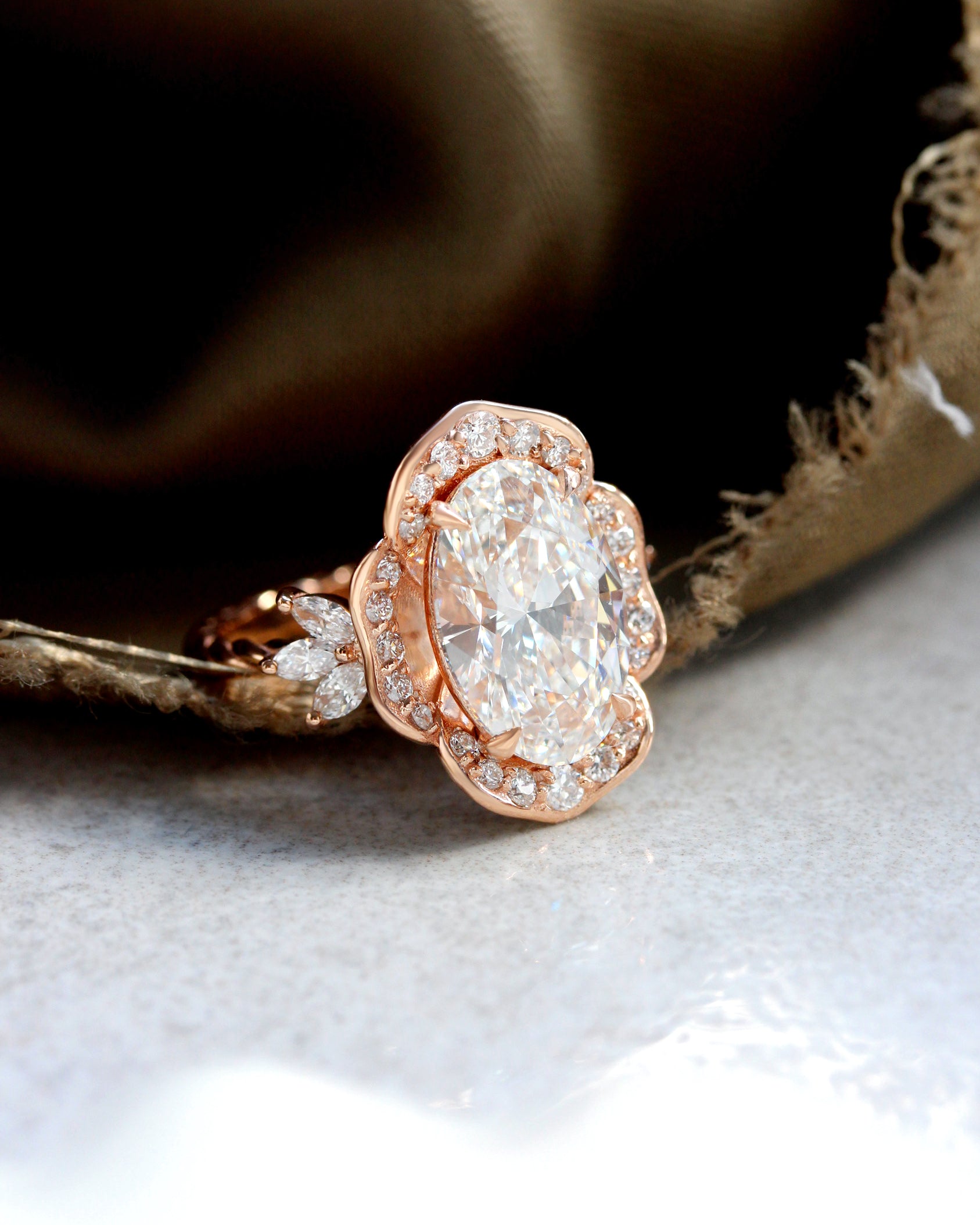 4ct Oval Cut Lab Grown Diamond Flower Statement, Camellia, nature inspired engagemetn ring, flower diamond ring