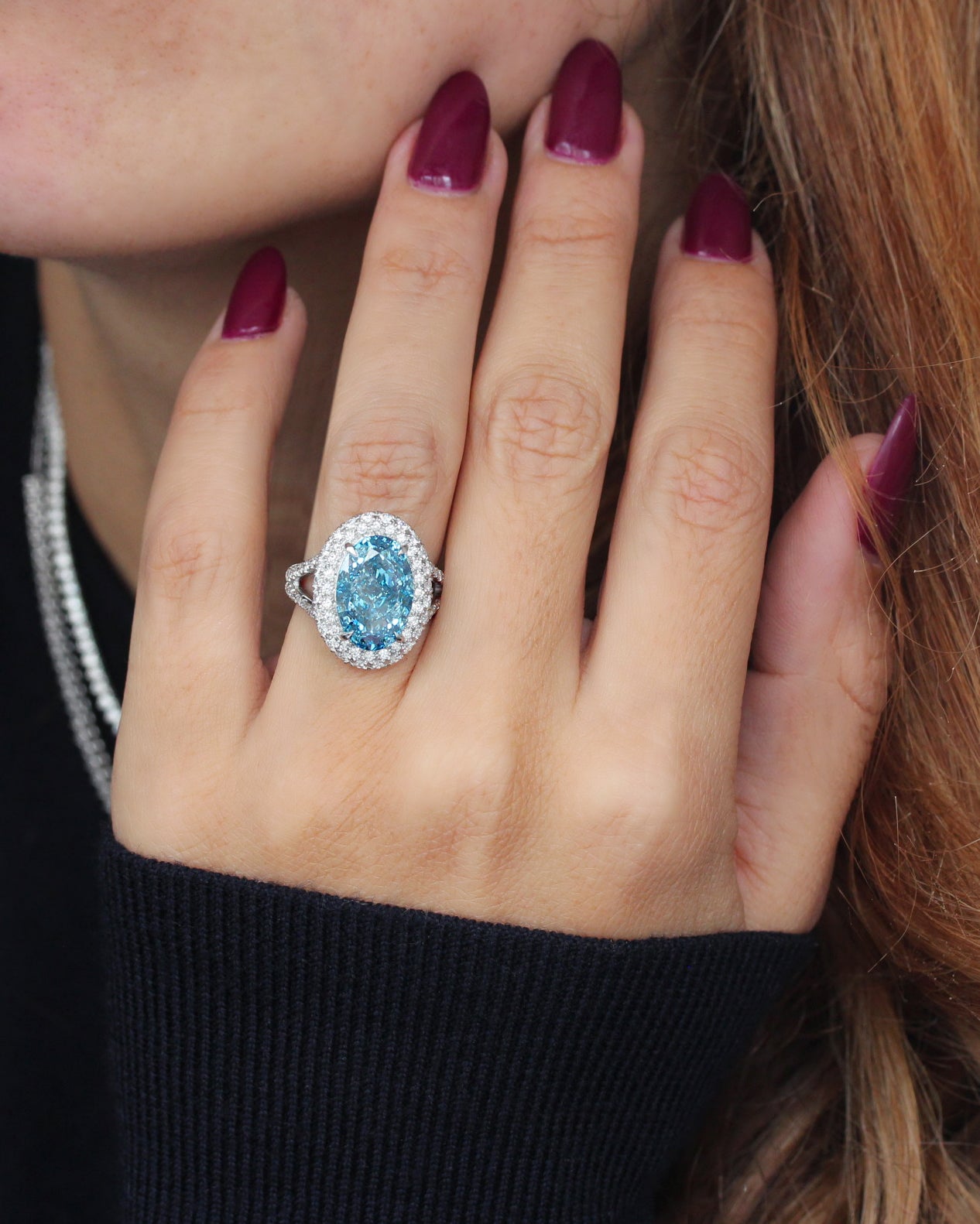 7ct Oval Blue Lab Diamond Double Halo Diamond Royal Statement Engagement Ring, Petra, 7ct blue diamond, oval lab diamond, double halo, pave setting, statement engagement ring, anniversary ring, cocktail ring, unique diamond ring, fancy color lab diamond