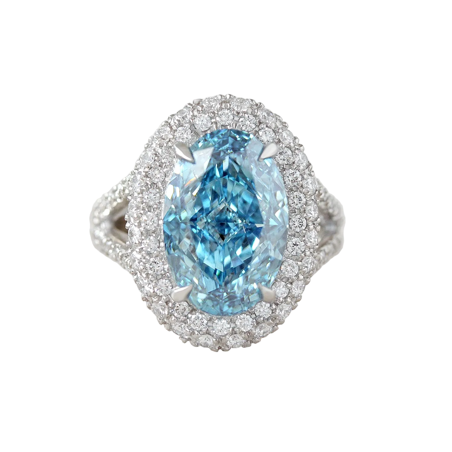 7ct Oval Blue Lab Diamond Double Halo Diamond Royal Statement Engagement Ring, Petra, 7ct blue diamond, oval lab diamond, double halo, pave setting, statement engagement ring, anniversary ring, cocktail ring, unique diamond ring, fancy color lab diamond
