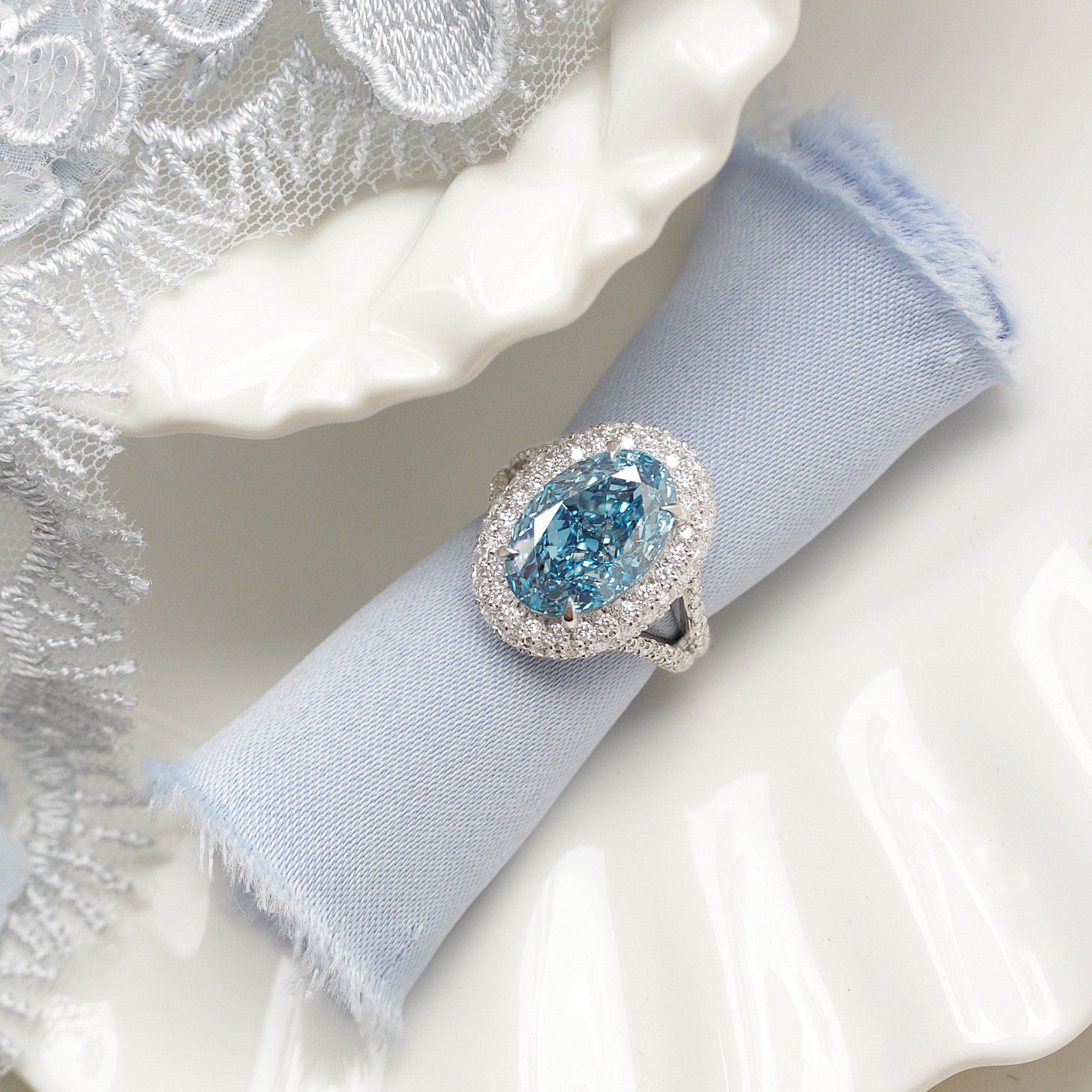 7ct Oval Blue Lab Diamond Double Halo Diamond Royal Statement Engagement Ring, Petra, 7ct blue diamond, oval lab diamond, double halo, pave setting, statement engagement ring, anniversary ring, cocktail ring, unique diamond ring, fancy color lab diamond