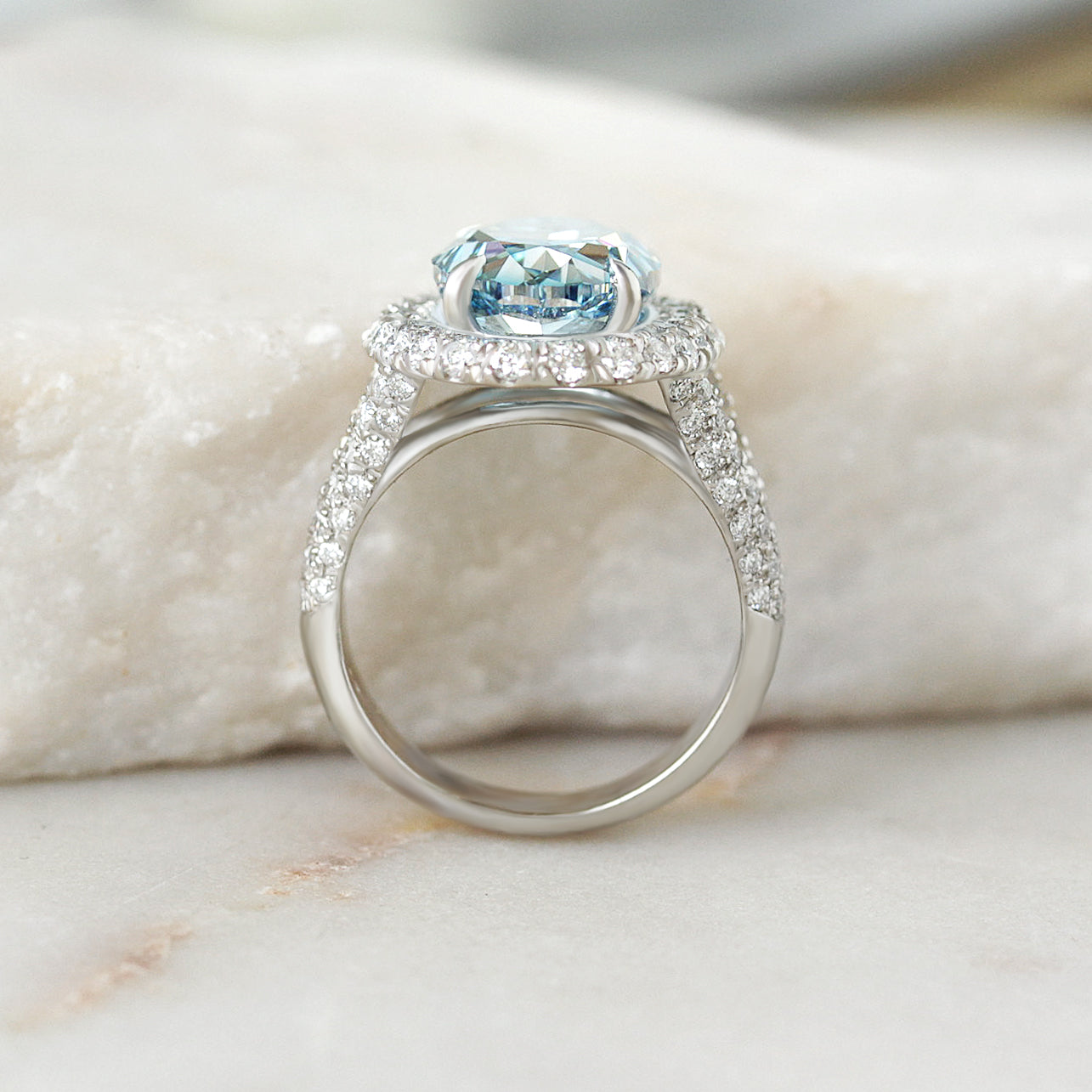 7ct Oval Blue Lab Diamond Double Halo Diamond Royal Statement Engagement Ring, Petra, 7ct blue diamond, oval lab diamond, double halo, pave setting, statement engagement ring, anniversary ring, cocktail ring, unique diamond ring, fancy color lab diamond