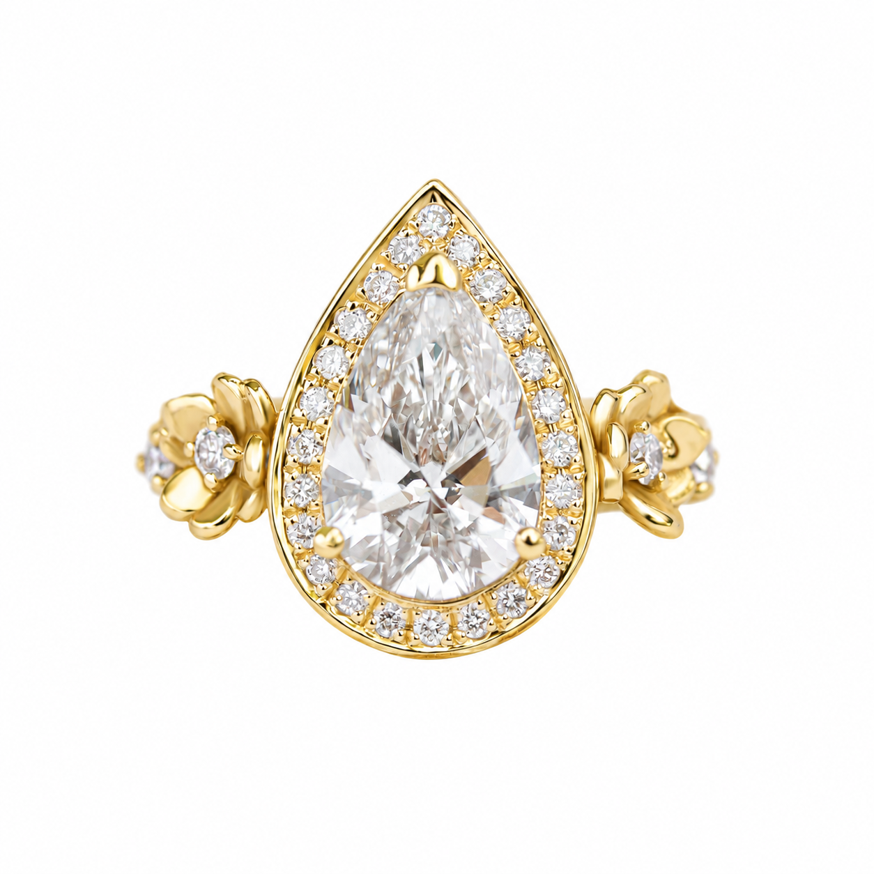1.50CT pear diamond halo nature inspired engagement ring antheia yellow gold