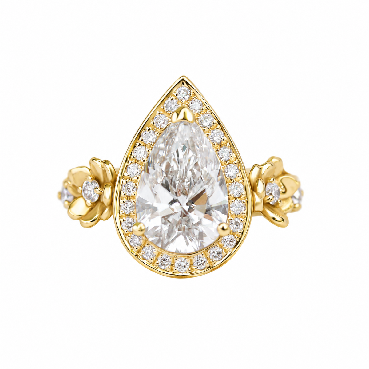 1.50CT pear diamond halo nature inspired engagement ring antheia yellow gold