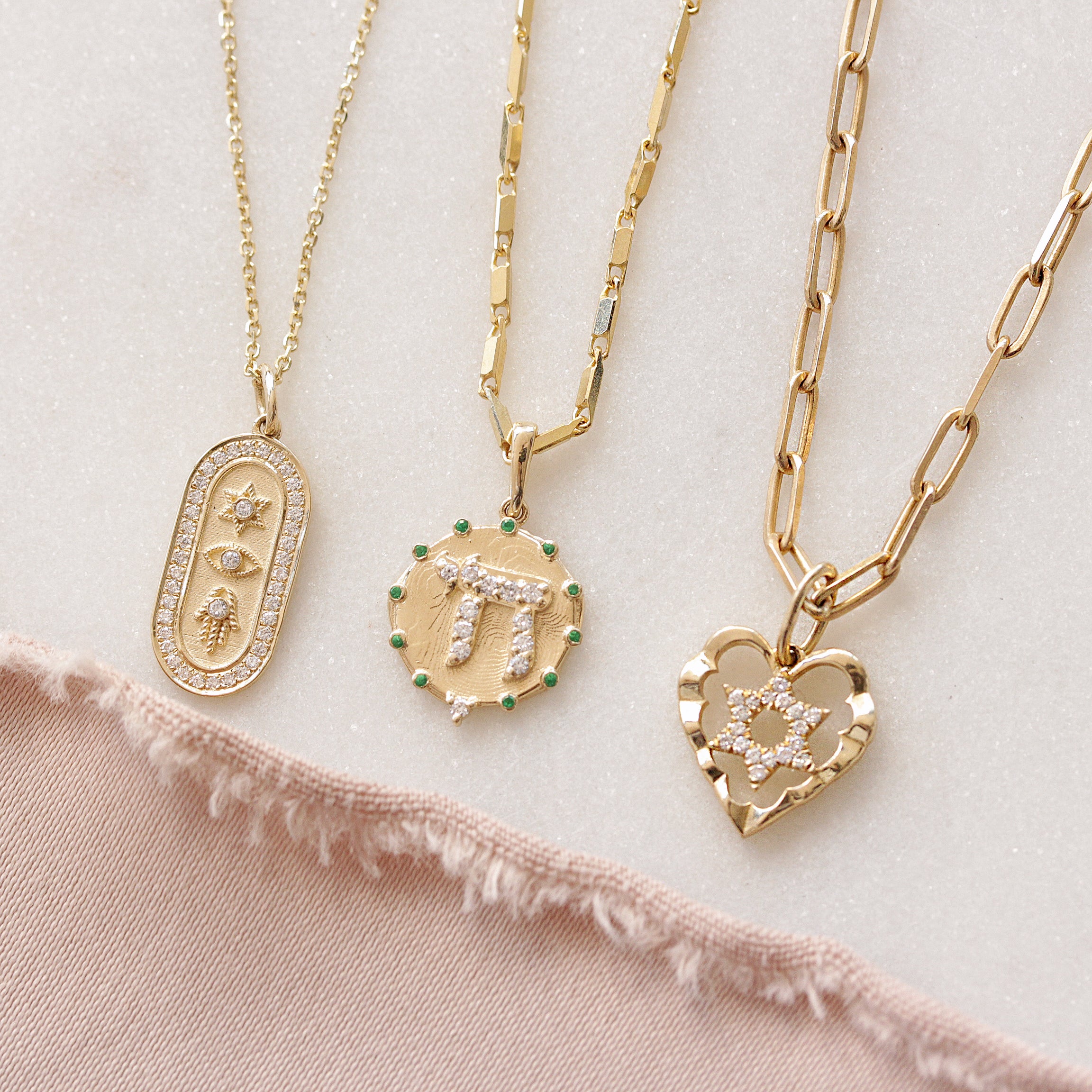Chai Pendant Necklace - Gold and Diamond Am Yisrael Chai Coin Pendant Necklace שרשרת חי