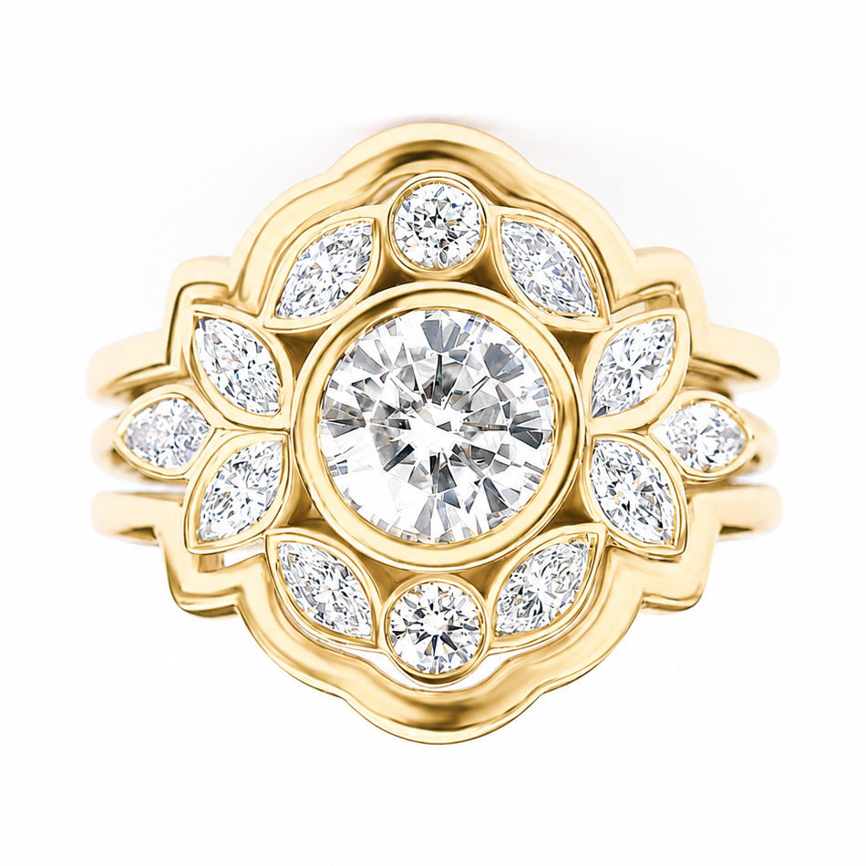 Bezel Diamond Flower Engagement Ring Set with Gold Ring Guard - Lily Emma