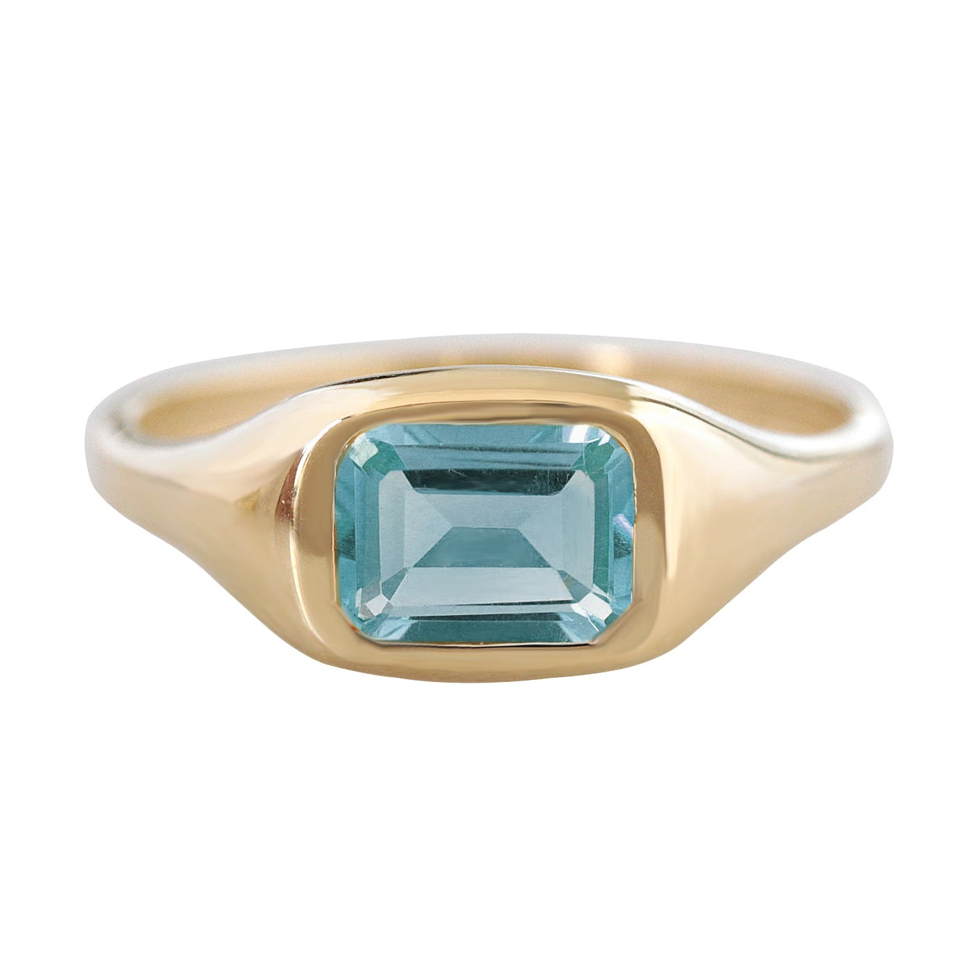 Bezel Set East West Emerald Cut Aquamarine Chunky Modern Birthstone Signet Ring, Aquamarine ring, birthstone ring, March birthstone, east west setting, signet ring, bold gold ring, chunky ring, unisex ring, men ring, pinky ring
