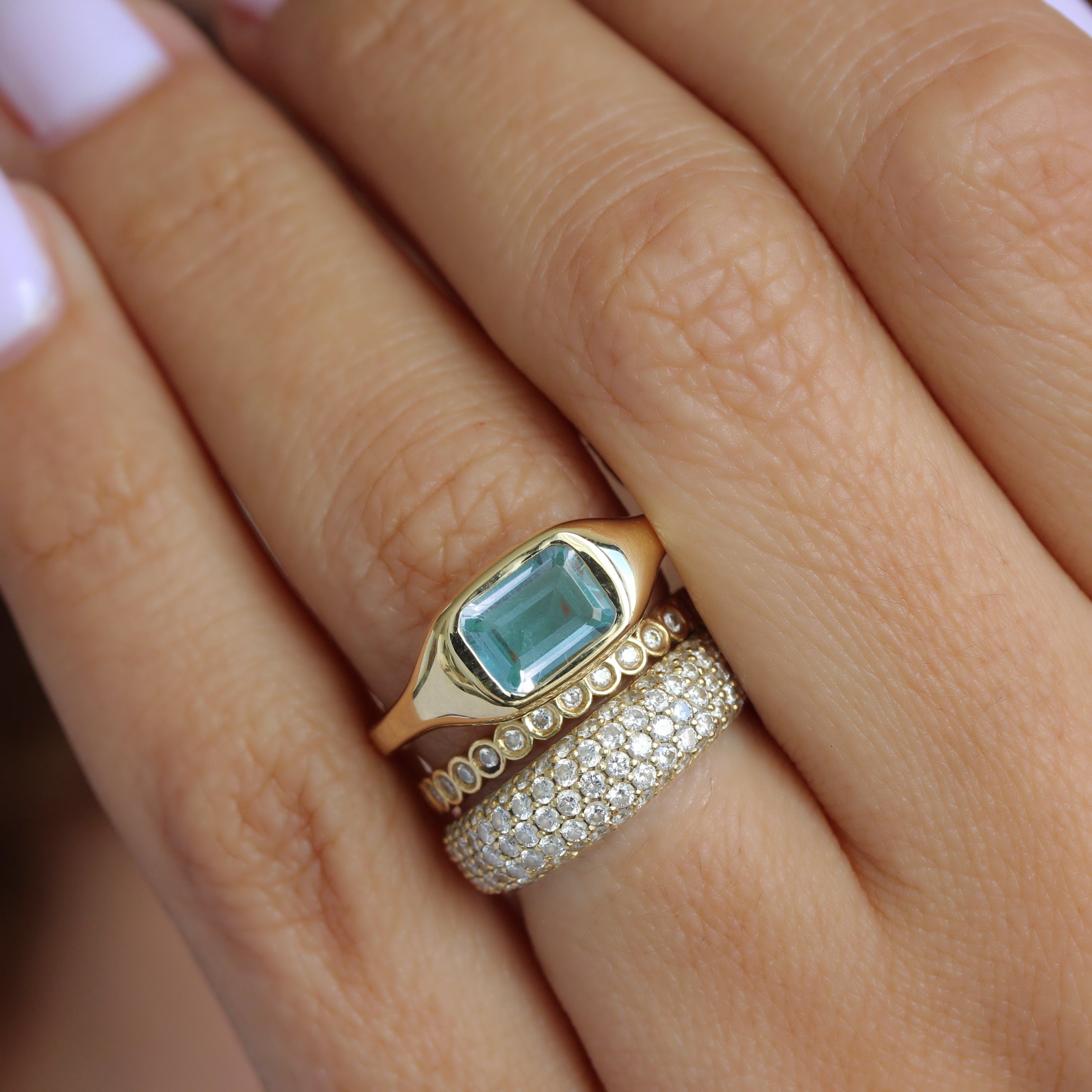Bezel Set East West Emerald Cut Aquamarine Chunky Modern Birthstone Signet Ring, Aquamarine ring, birthstone ring, March birthstone, east west setting, signet ring, bold gold ring, chunky ring, unisex ring, men ring, pinky ring