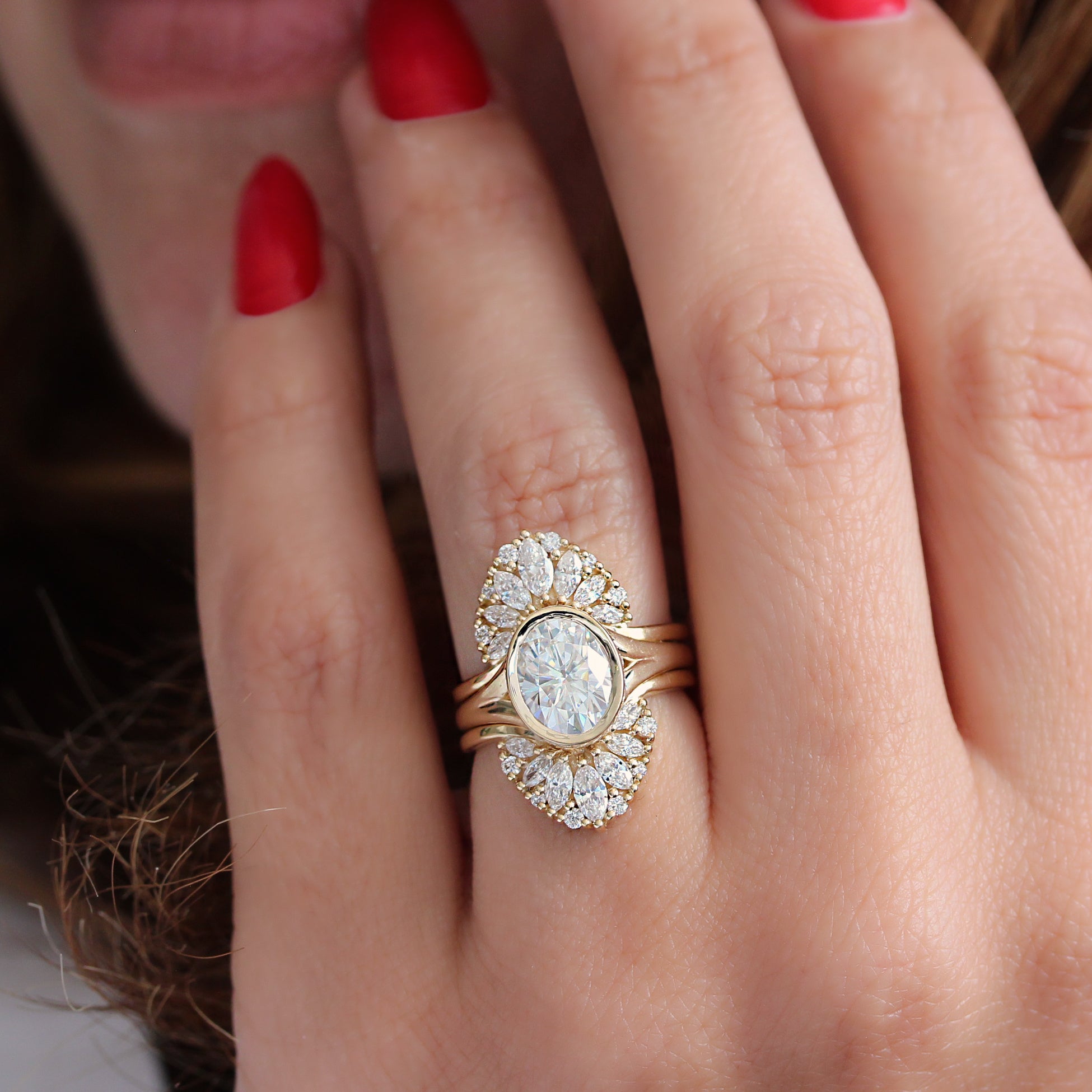 Art Deco Nesting Chevron V Wedding Ring, Marquise Diamonds Fan Ring - Cardinal