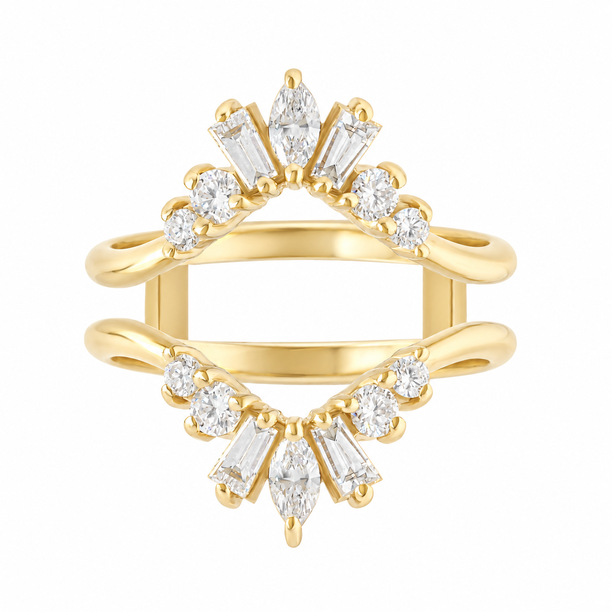 A gold-colored diamond ring guard enhancer with multiple sparkling stones set on a band.