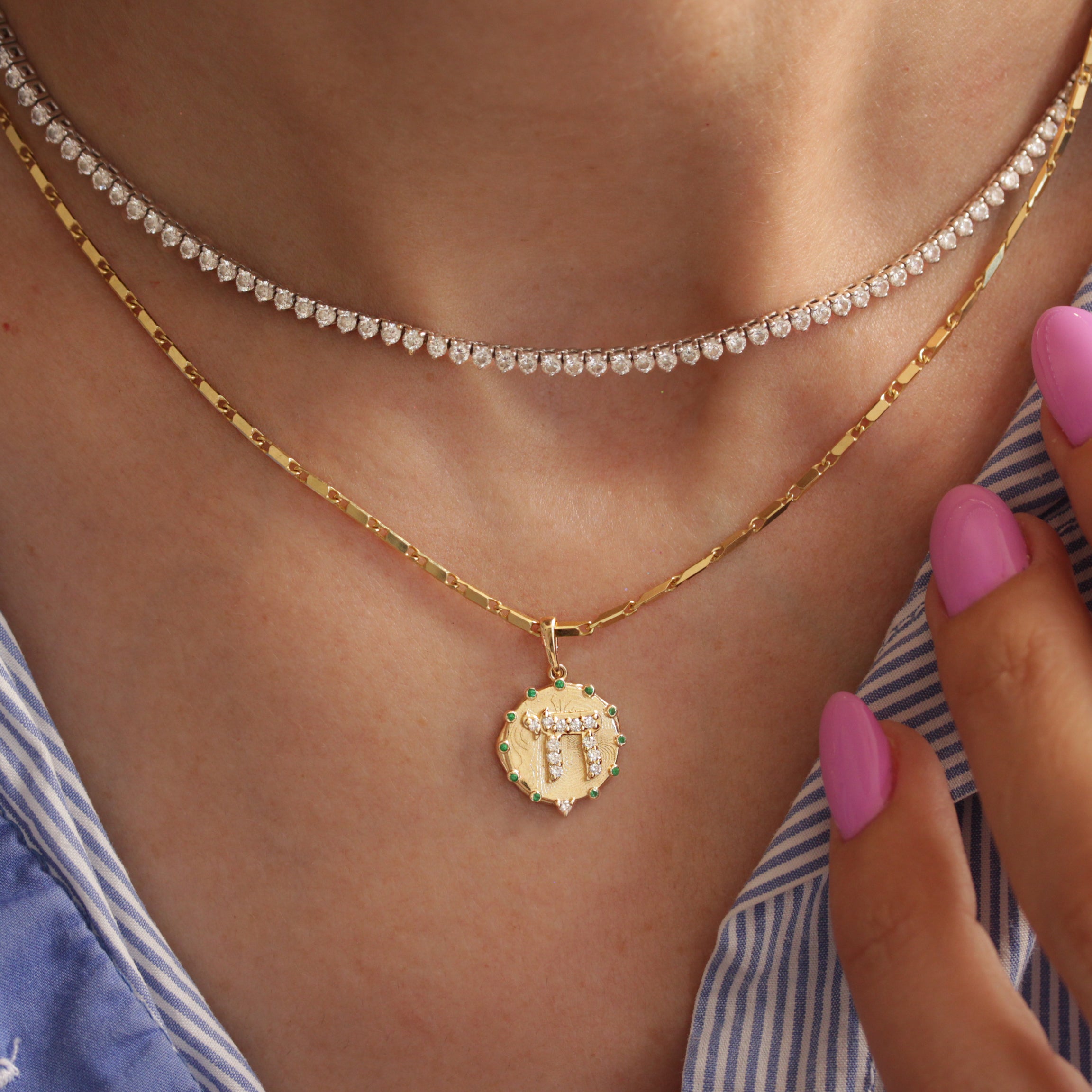 Chai Pendant Necklace - Gold and Diamond Am Yisrael Chai Coin Pendant Necklace