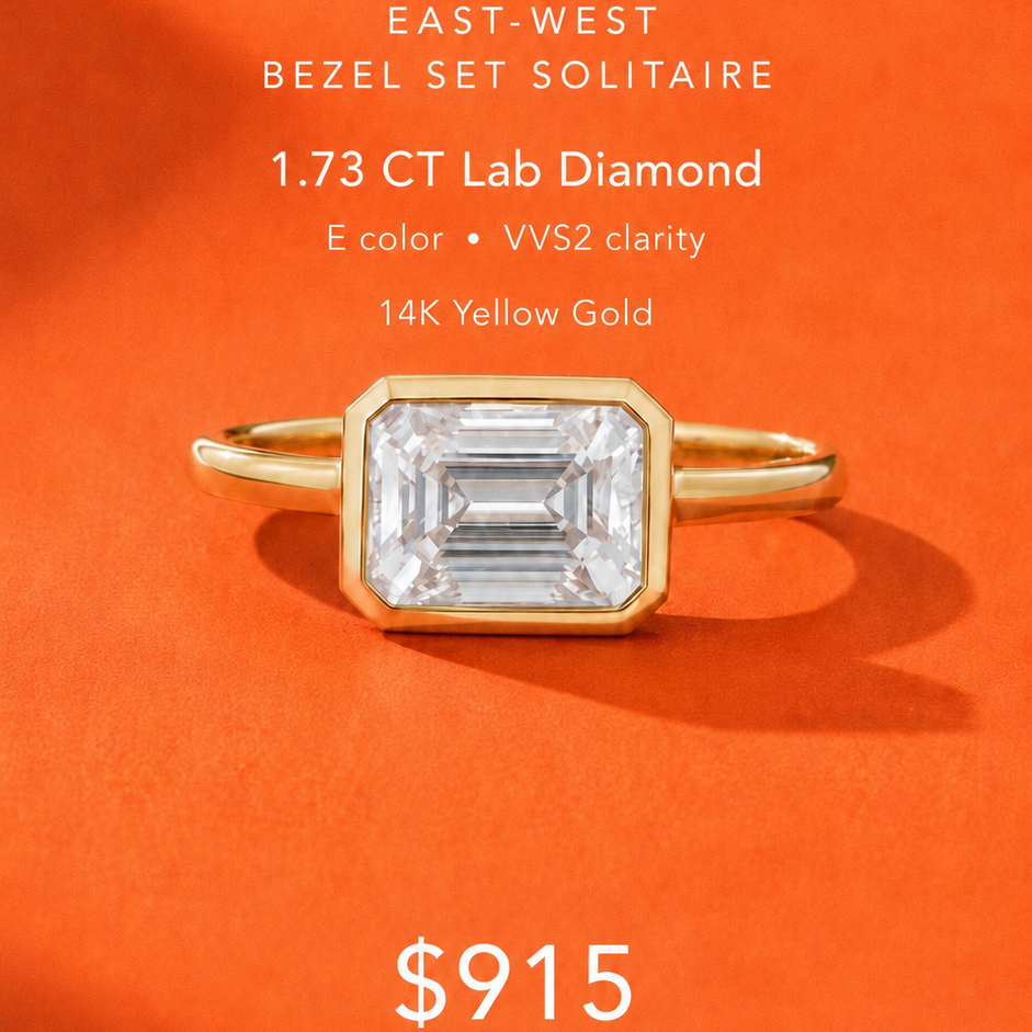 A gold ring with a bezel-set clear emerald-cut diamond, displayed on a vibrant orange background with product details and pricing text.
