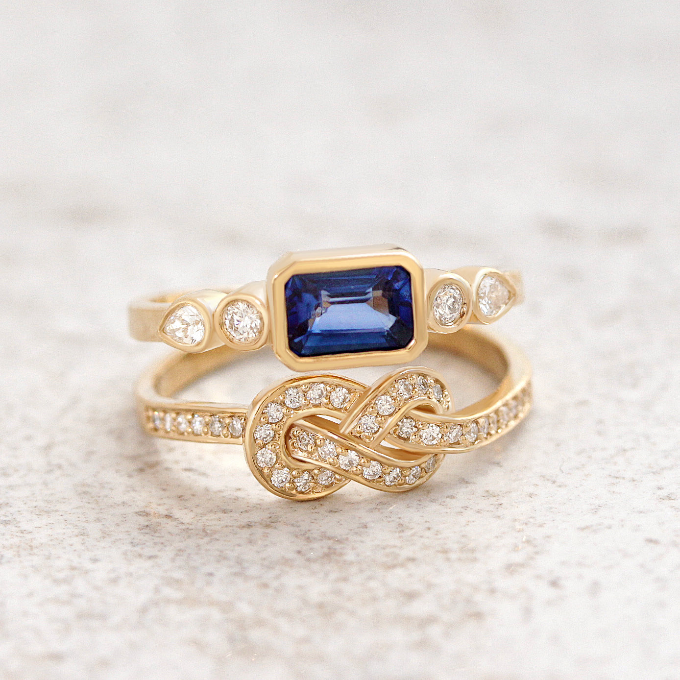 Blue Sapphire Infinity Knot Crossover Double Gemstone Engagement Ring