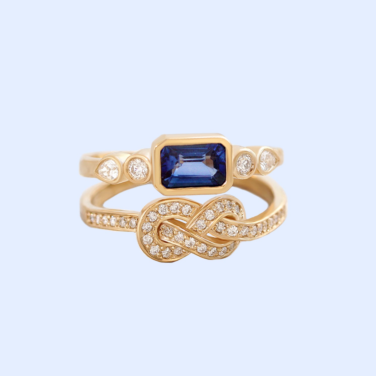 Blue Sapphire Infinity Knot Crossover Double Gemstone Engagement Ring