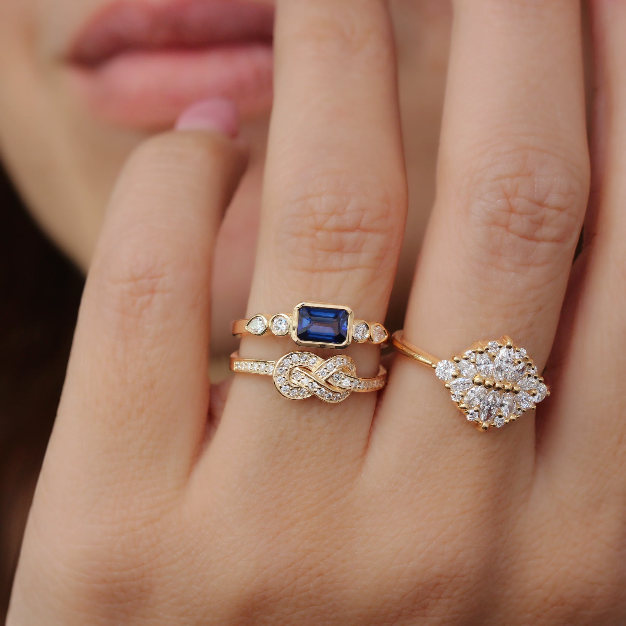 Blue Sapphire Infinity Knot Crossover Double Gemstone Engagement Ring
