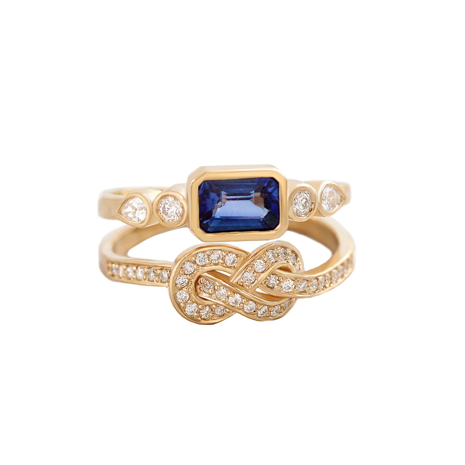 Blue Sapphire Infinity Knot Crossover Double Gemstone Engagement Ring
