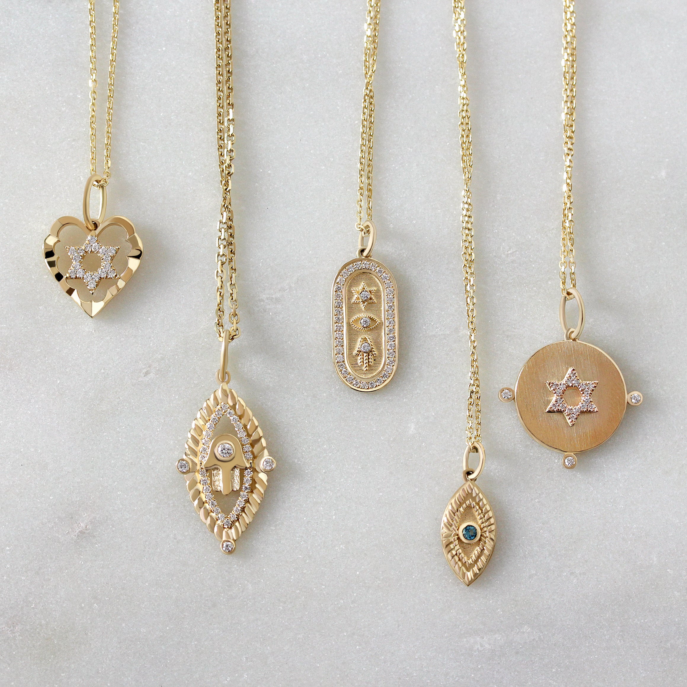 מגן דוד, עין הרע וחמסה שרשרת תליון זהב ויהלומים - סמלי יודאיקה