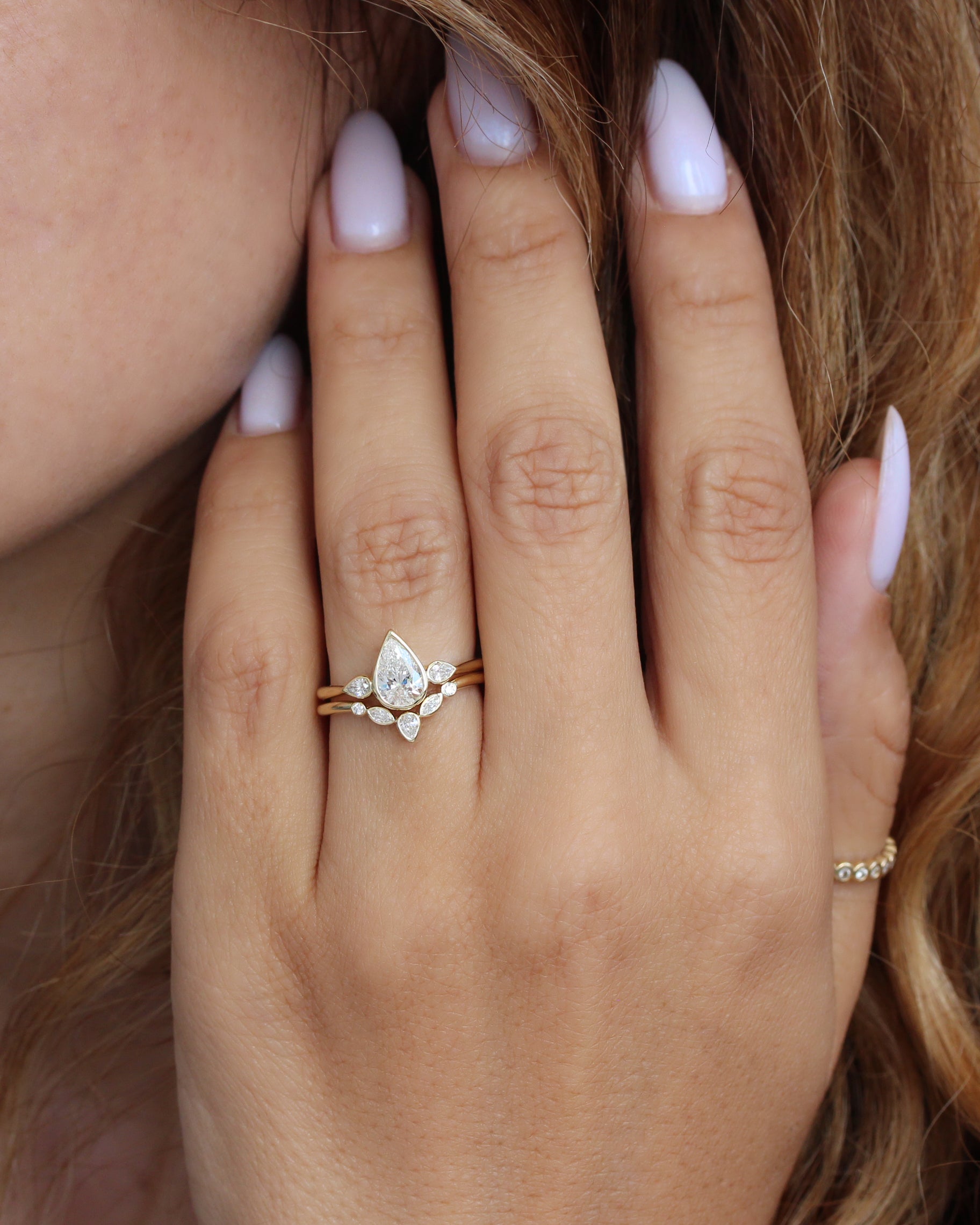 Delicate Pear Diamond Ring Set, Baby Safe All Bezel Comfortable Ring Set, bezel set, pear diamond, two ring set