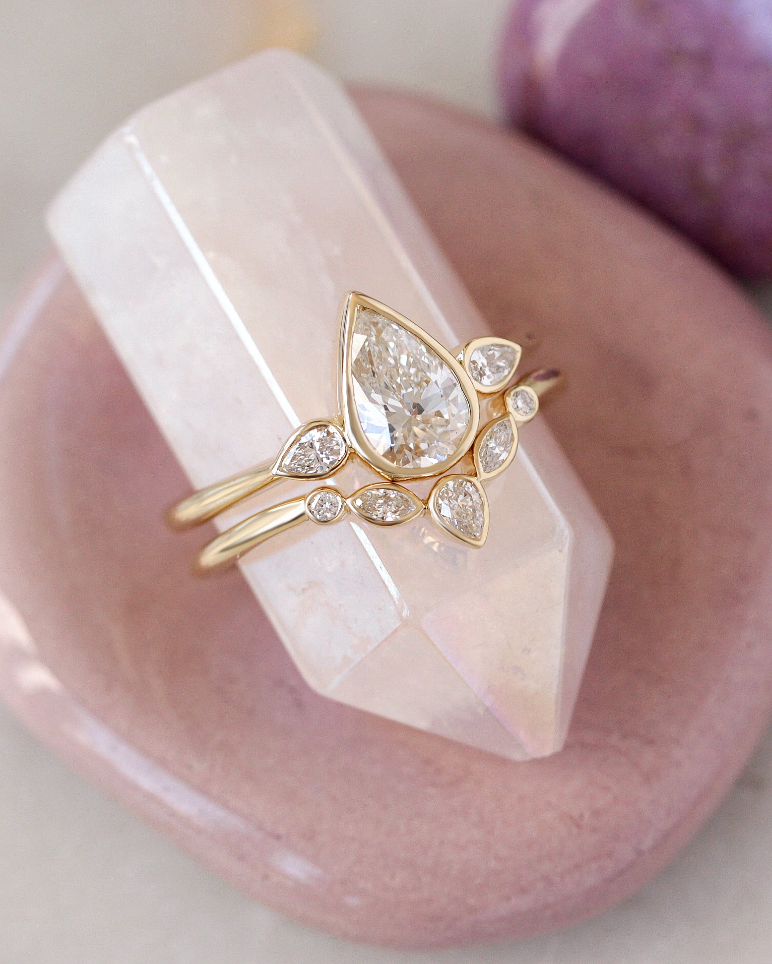 Delicate Pear Diamond Ring Set, Baby Safe All Bezel Comfortable Ring Set, bezel set, pear diamond, two ring set