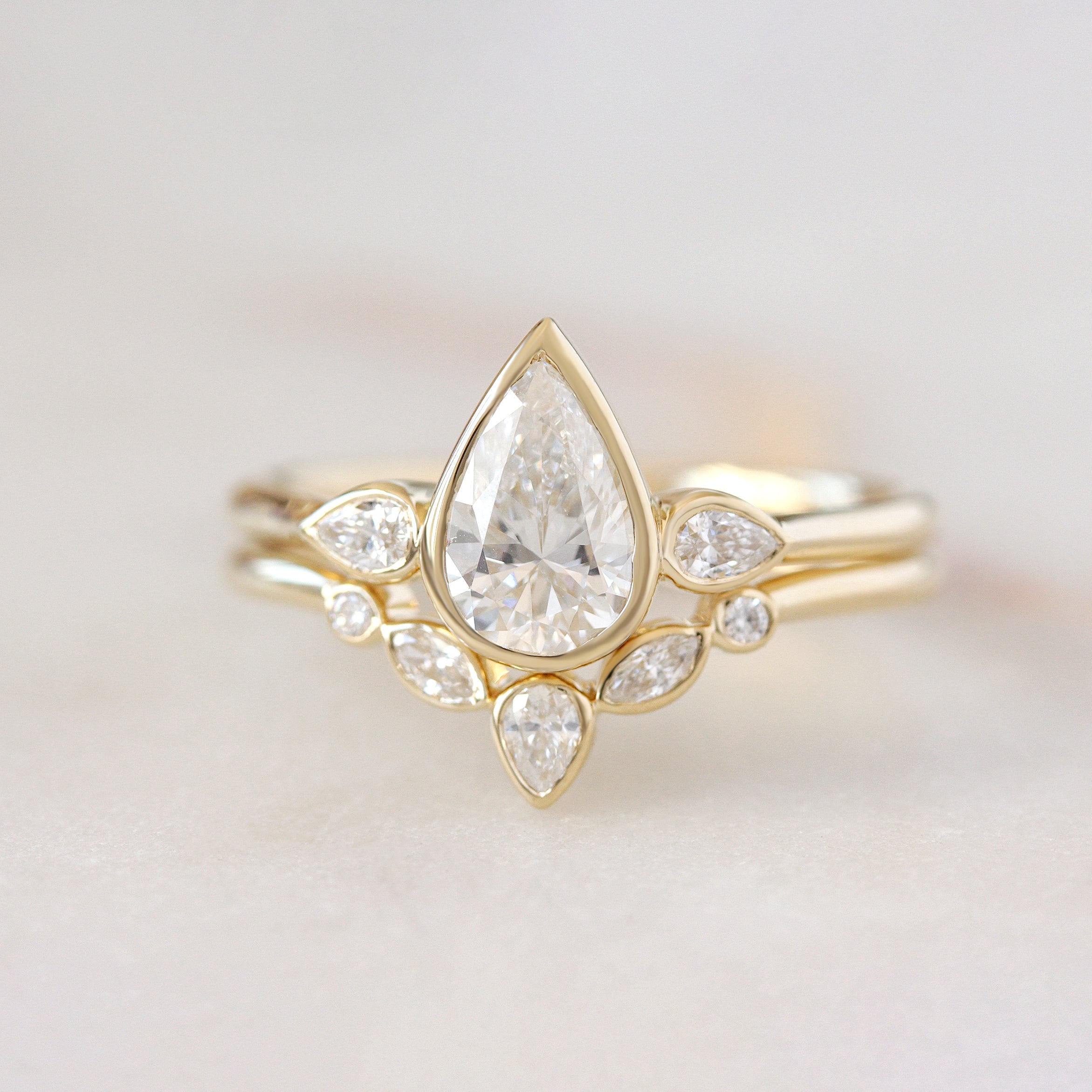 Delicate Pear Diamond Ring Set, Baby Safe All Bezel Comfortable Ring Set, bezel set, pear diamond, two ring set