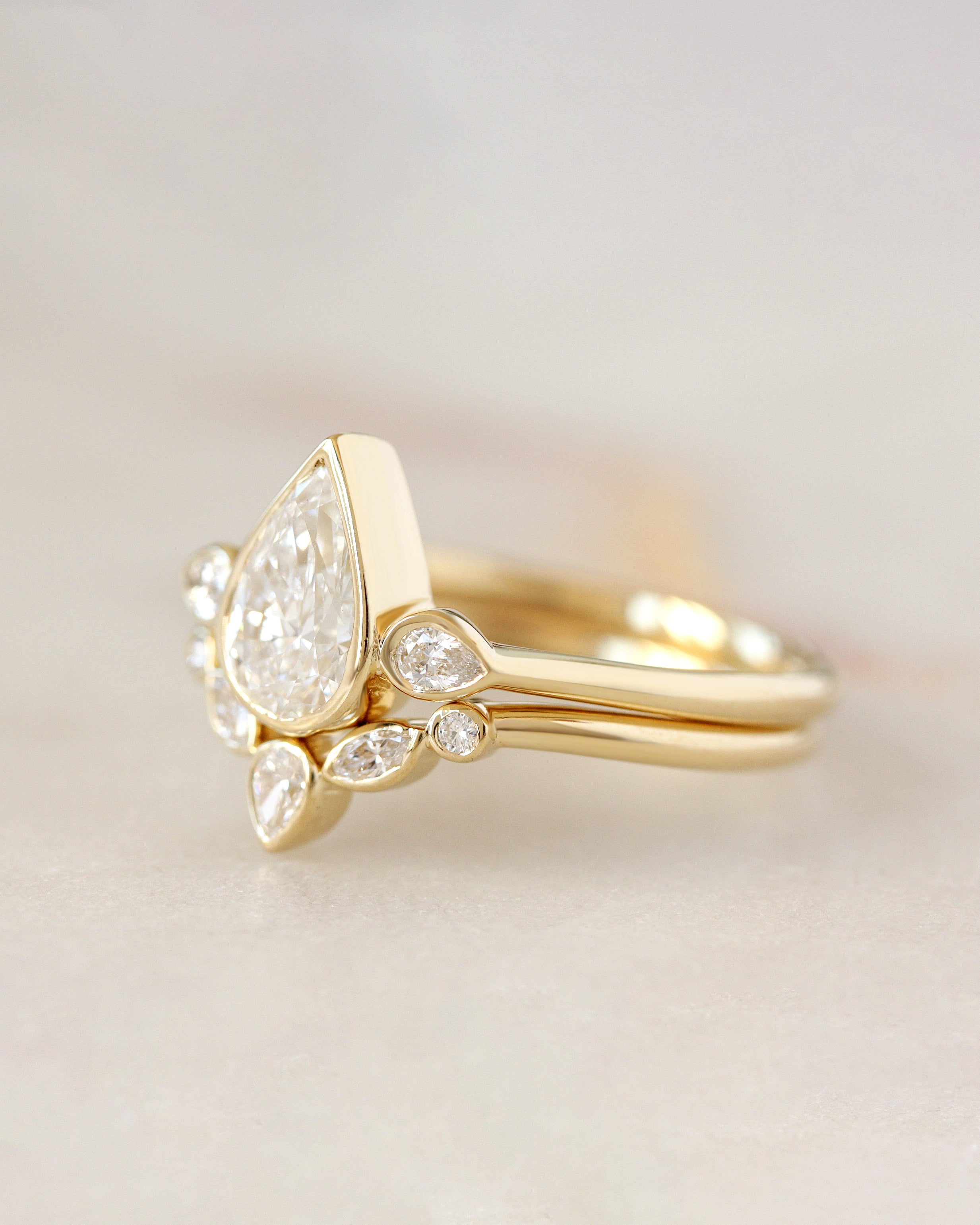 Delicate Pear Diamond Ring Set, Baby Safe All Bezel Comfortable Ring Set, bezel set, pear diamond, two ring set