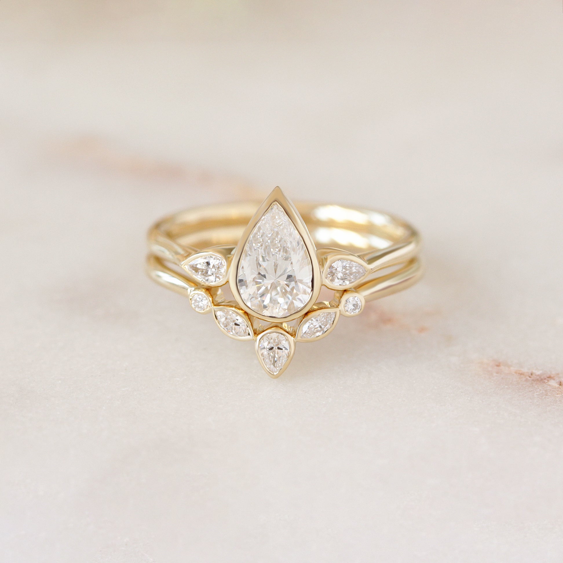 Delicate Pear Diamond Ring Set, Baby Safe All Bezel Comfortable Ring Set, bezel set, pear diamond, two ring set