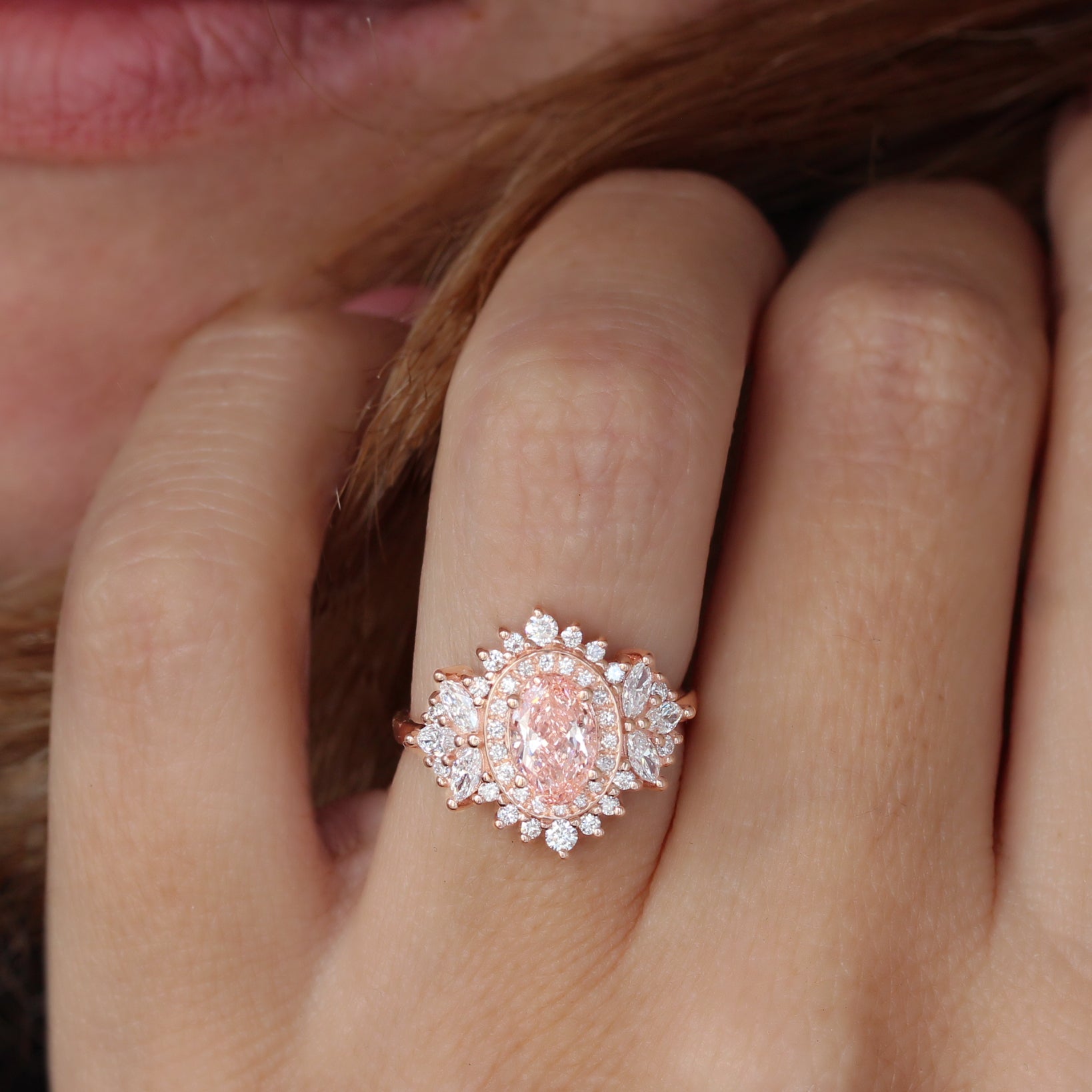 Double Halo 1CT Oval Pink Lab Diamond Unique Engagement Ring Monaco, oval pink lab diamond 1ct, double halo statement engagement ring, sweet, romantic, anniversary ring