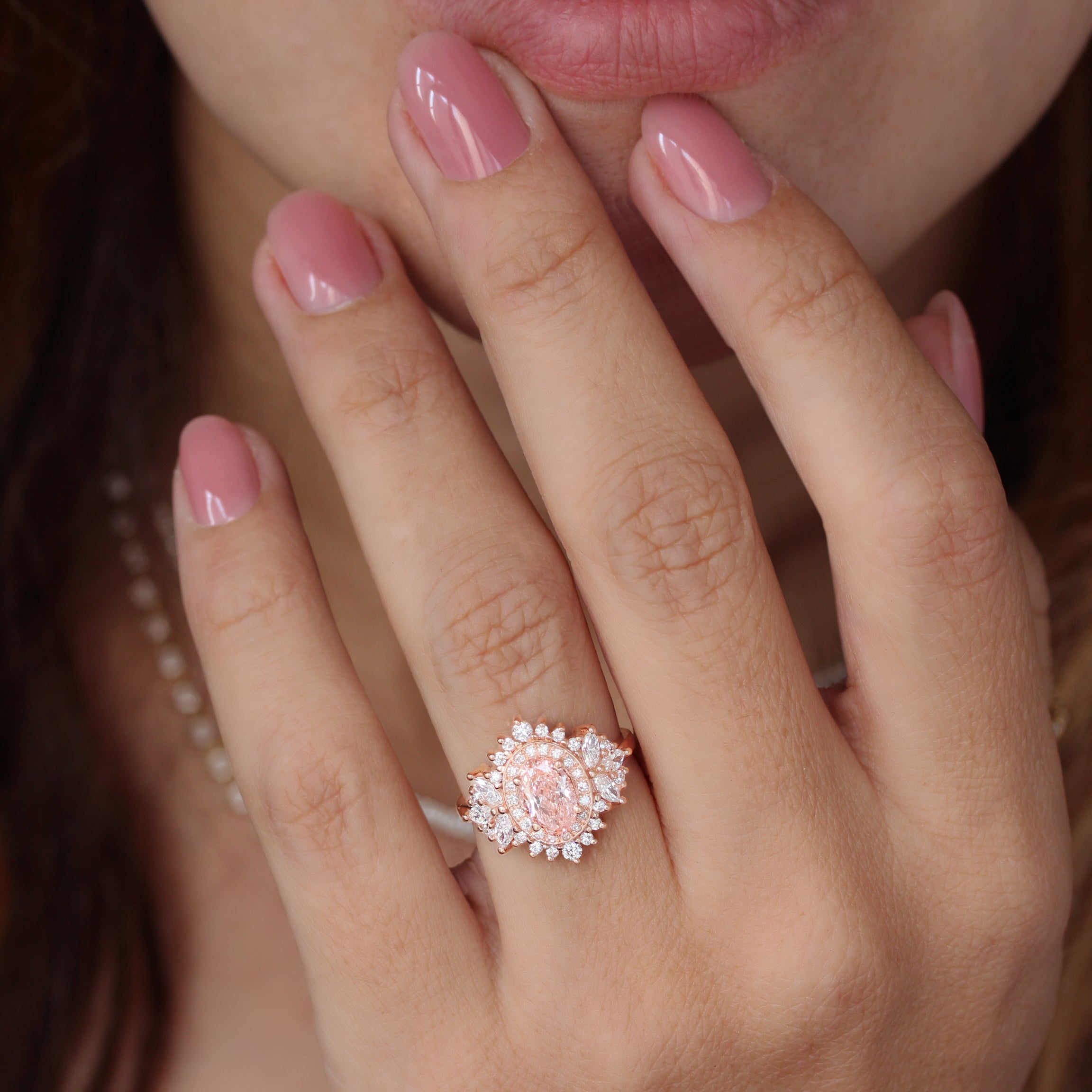 Double Halo 1CT Oval Pink Lab Diamond Unique Engagement Ring Monaco, oval pink lab diamond 1ct, double halo statement engagement ring, sweet, romantic, anniversary ring