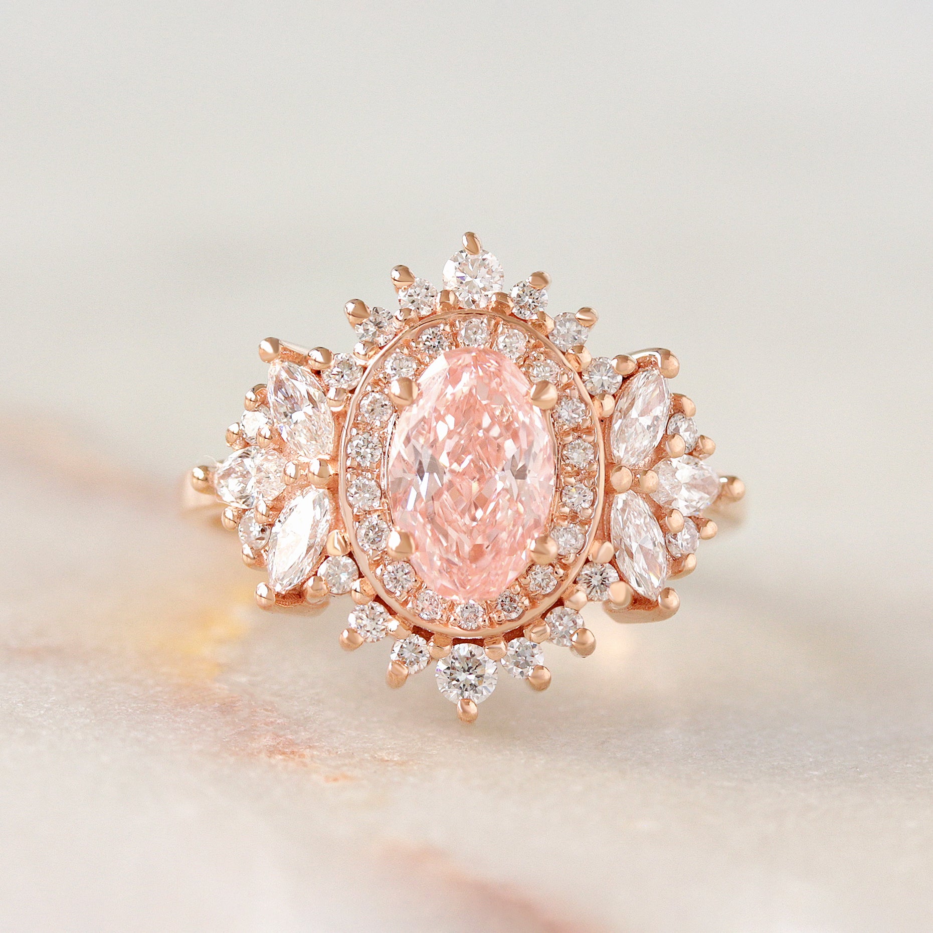 Double Halo 1CT Oval Pink Lab Diamond Unique Engagement Ring Monaco, oval pink lab diamond 1ct, double halo statement engagement ring, sweet, romantic, anniversary ring