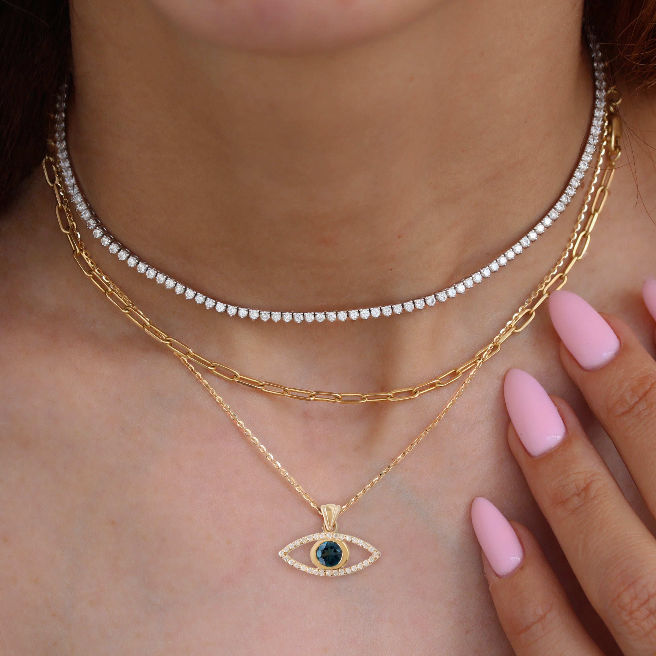 Evil Eye Pave Diamond / Blue Topaz Charm Necklace Suja