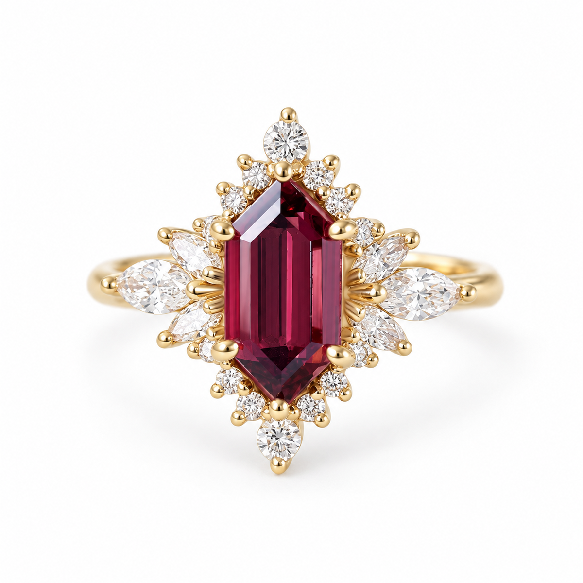 Elongated Hexagon Rhodolite and Diamond Halo Gemstone Engagement Ring, Nora