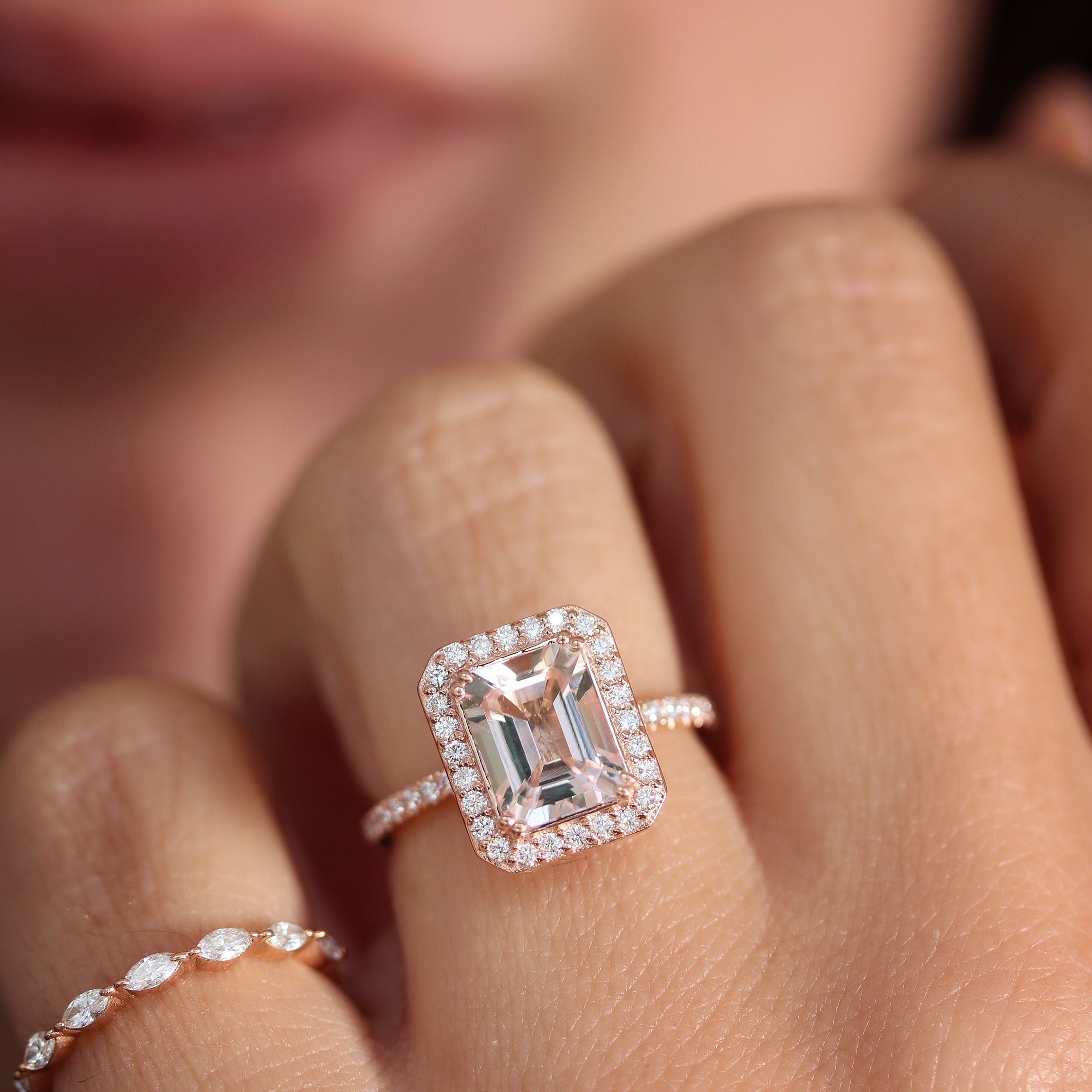 Emerald Cut Morganite & Diamond Halo Engagement Ring - Naomi ♥