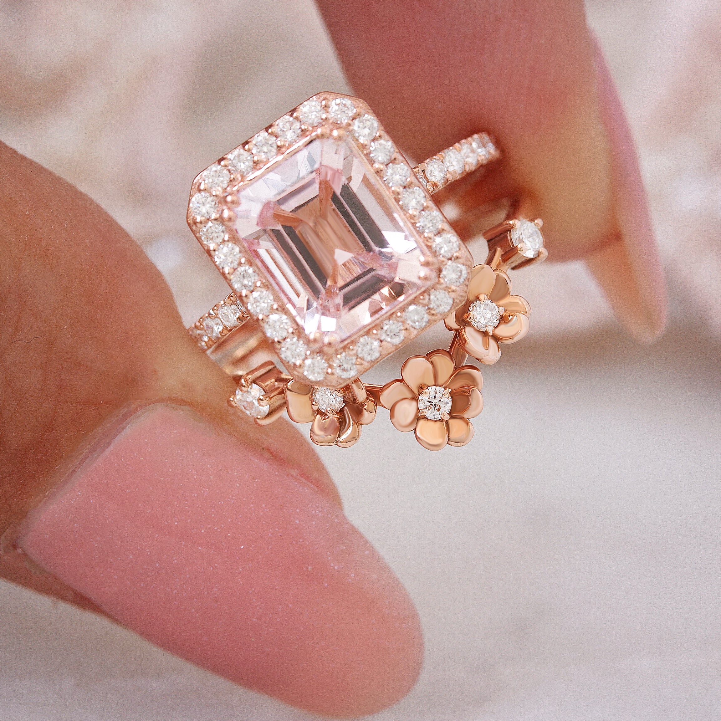 Emerald Cut Morganite & Diamond Halo Engagement Ring - Naomi ♥