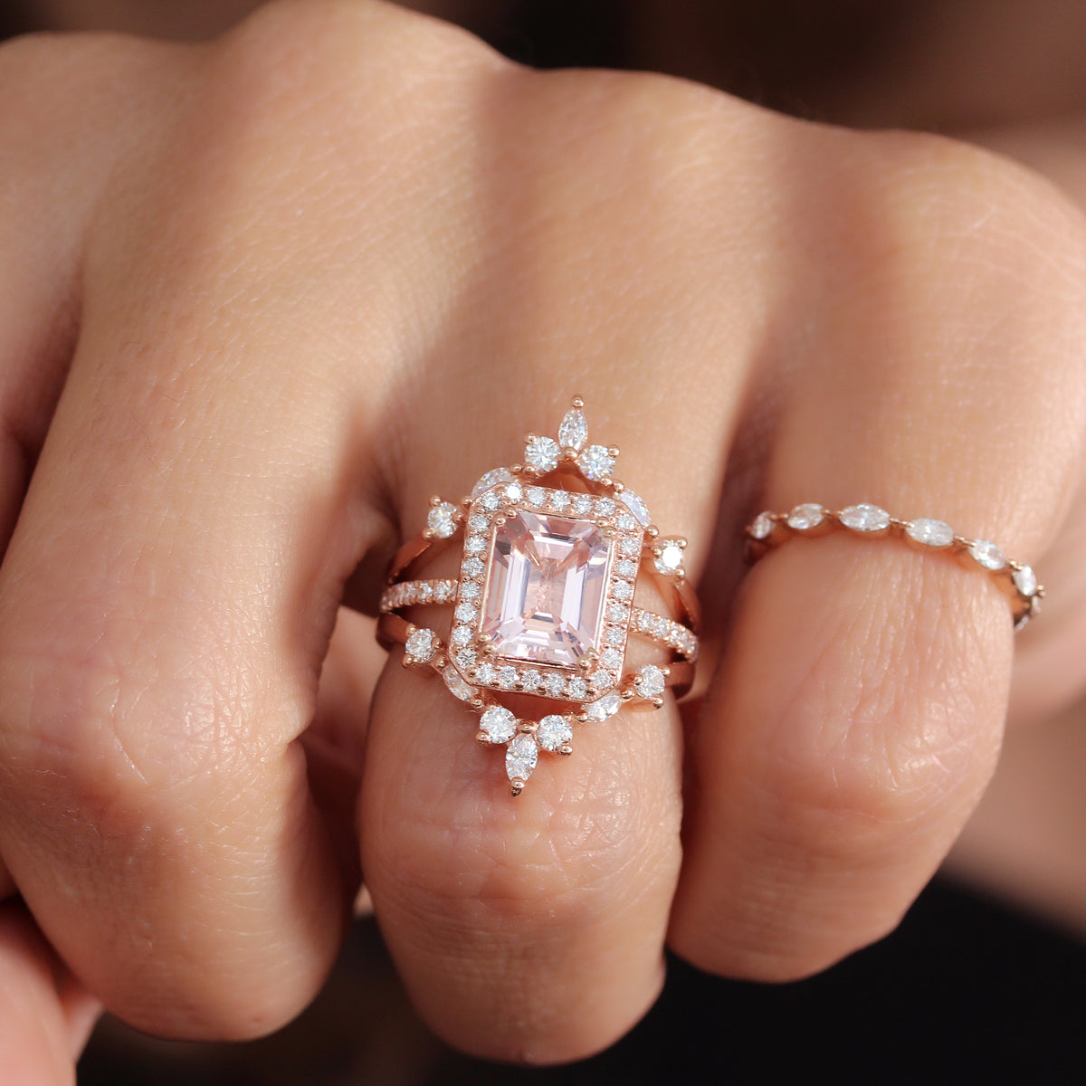 Emerald Cut Morganite Diamond Halo Bridal Ring Set Naomi ♥