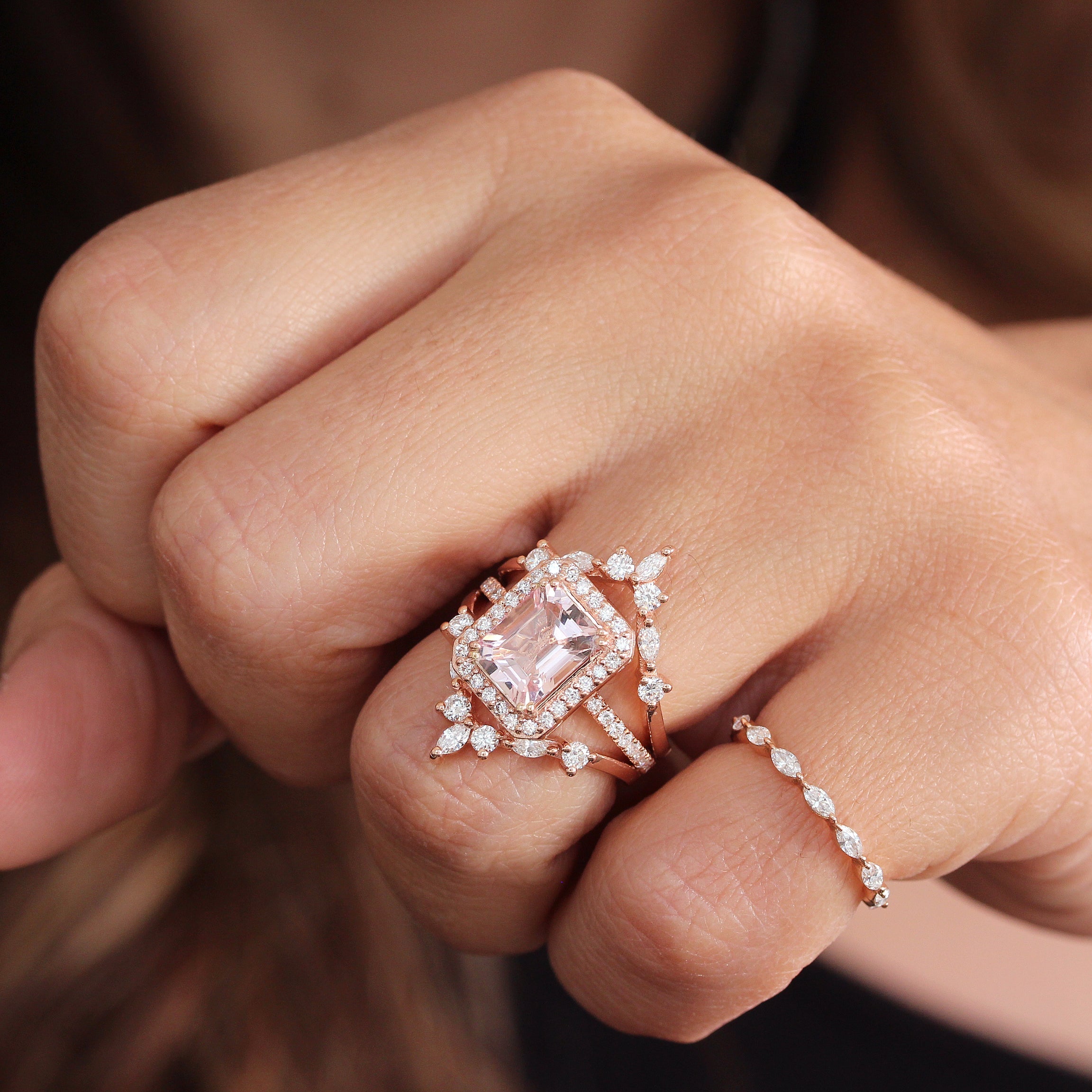Emerald Cut Morganite & Diamond Halo Engagement Ring - Naomi ♥