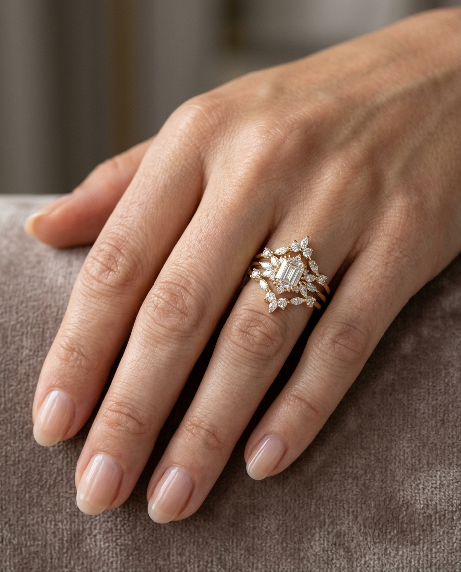 Emerald Cut Diamond Engagement Ring "Spark" & "Hermes" Nesting Rings
