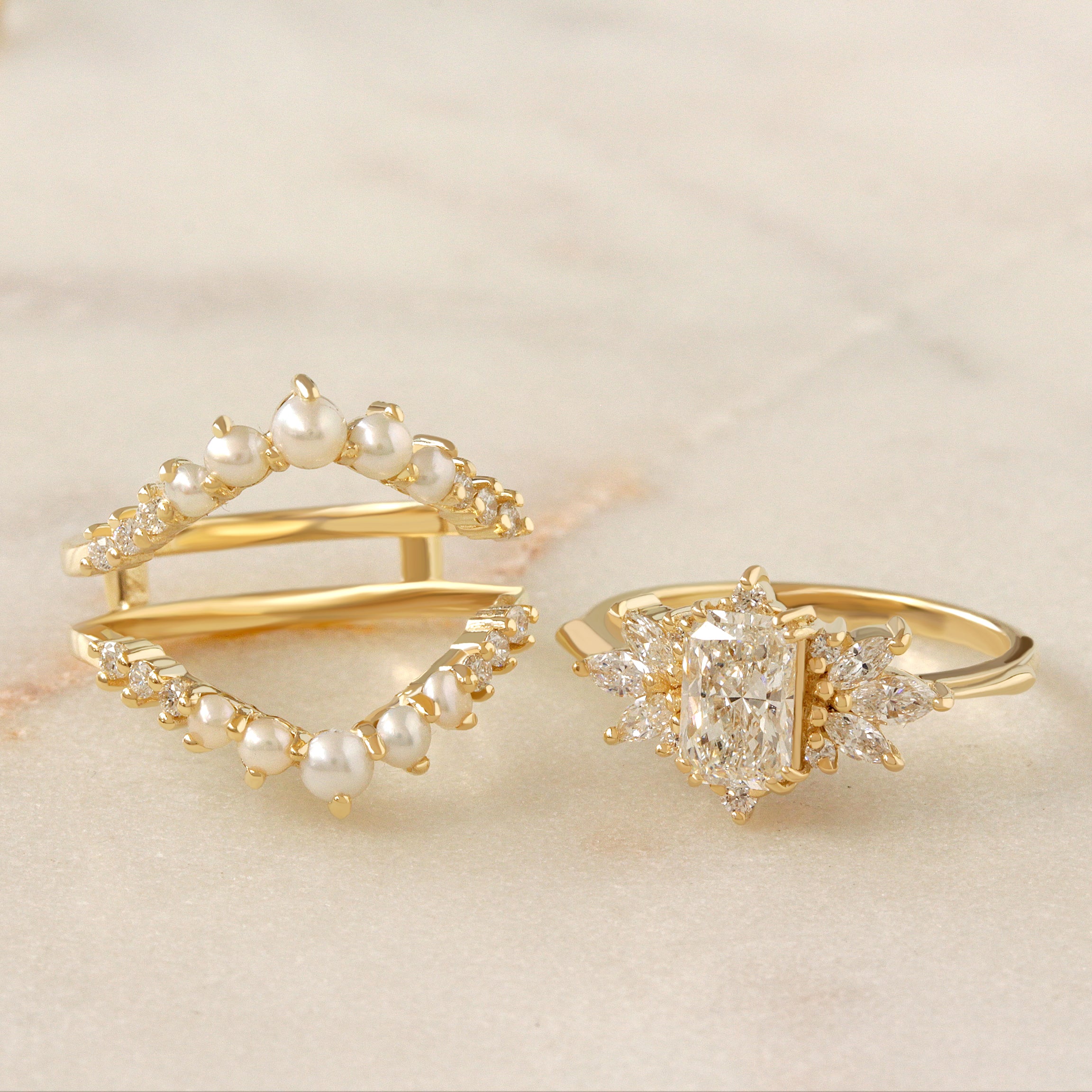 1CT Radiant Cut Diamond and Pearls Engagement Ring with Matching Ring Guard Spark