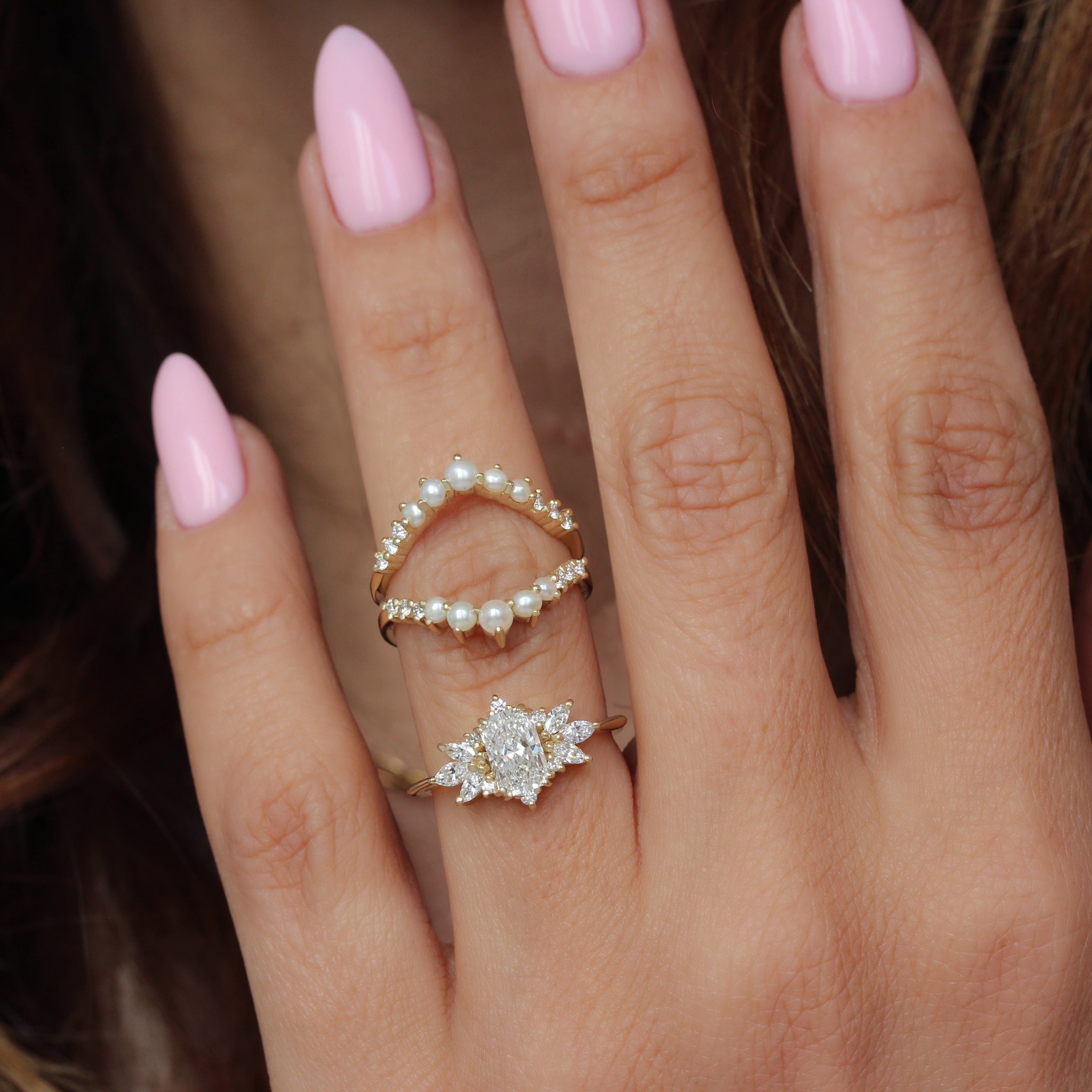 1CT Radiant Cut Diamond and Pearls Engagement Ring with Matching Ring Guard Spark