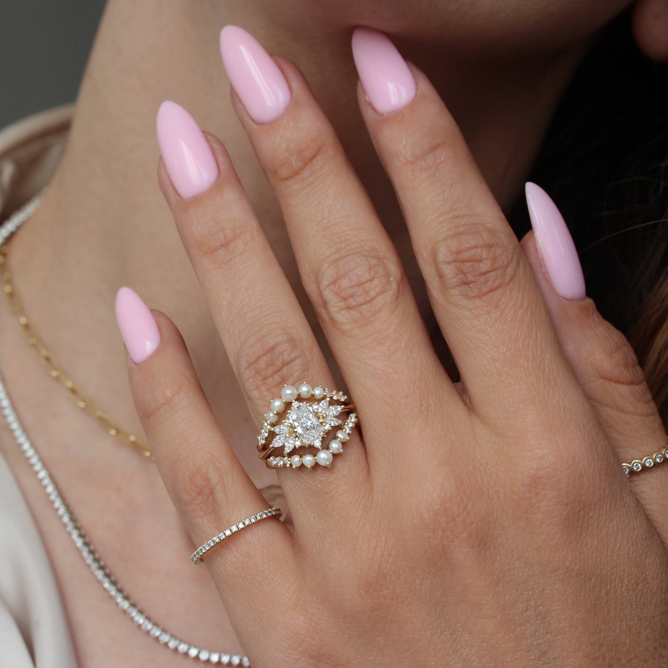 1CT Radiant Cut Diamond and Pearls Engagement Ring with Matching Ring Guard Spark