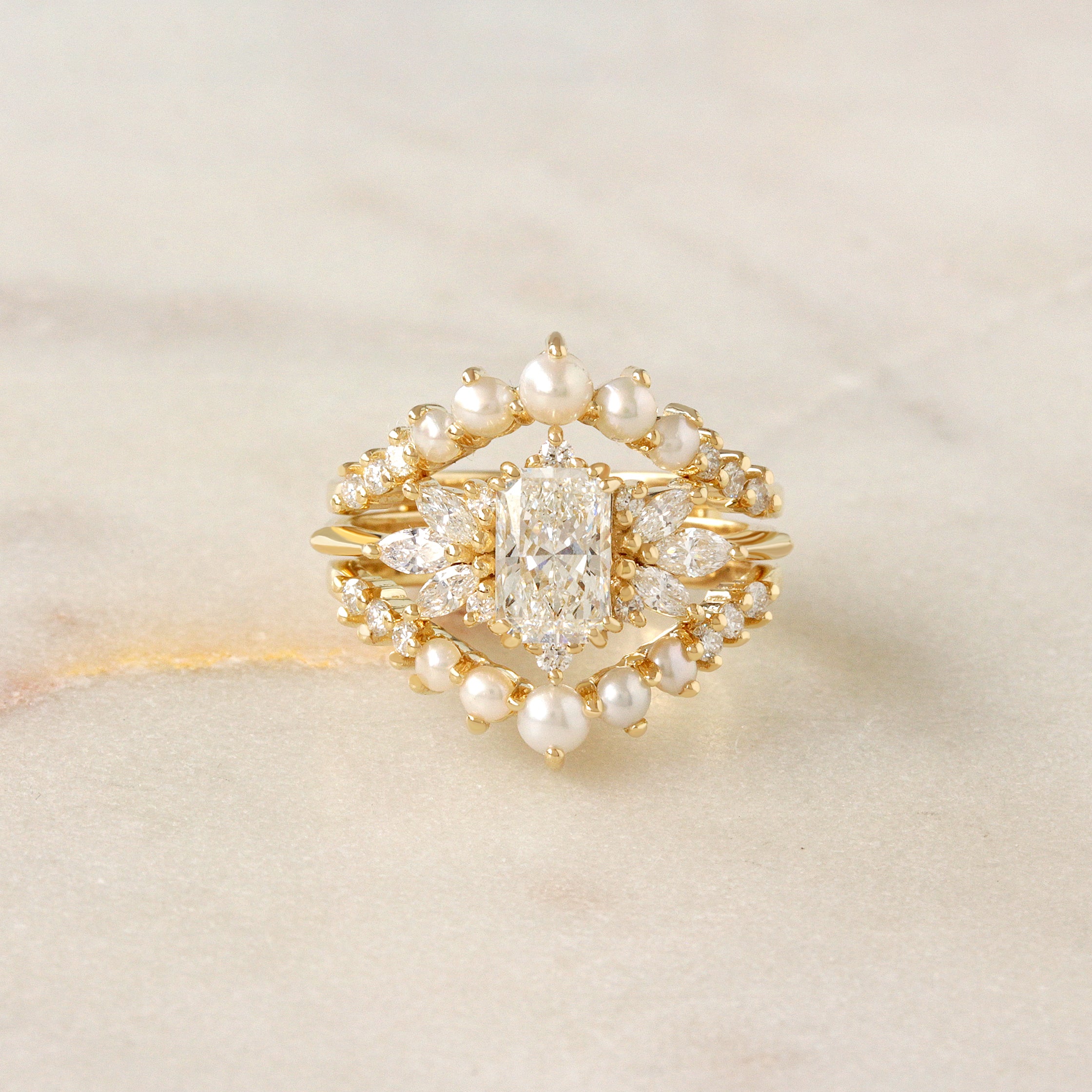 1CT Radiant Cut Diamond and Pearls Engagement Ring with Matching Ring Guard Spark