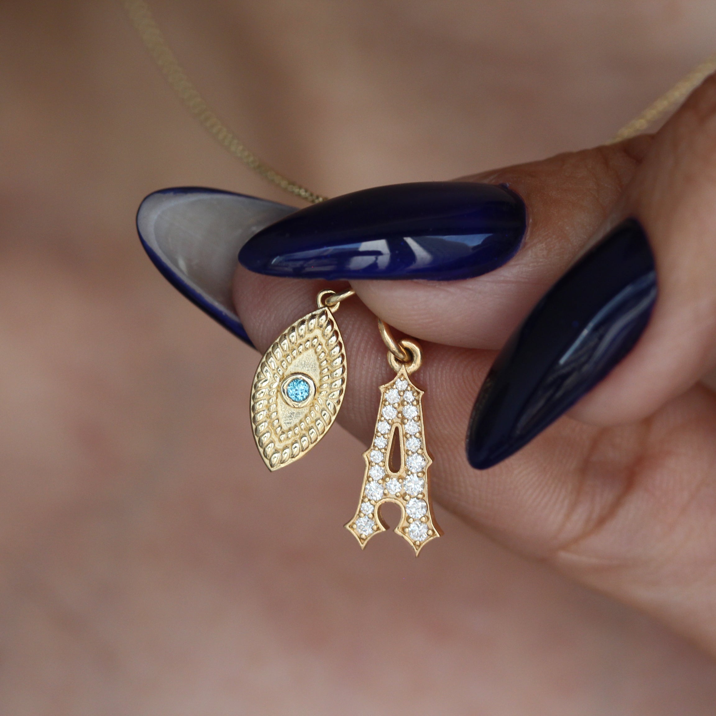 Evil Eye 14K Solid Gold Charm, protection Amulet Blue topaz