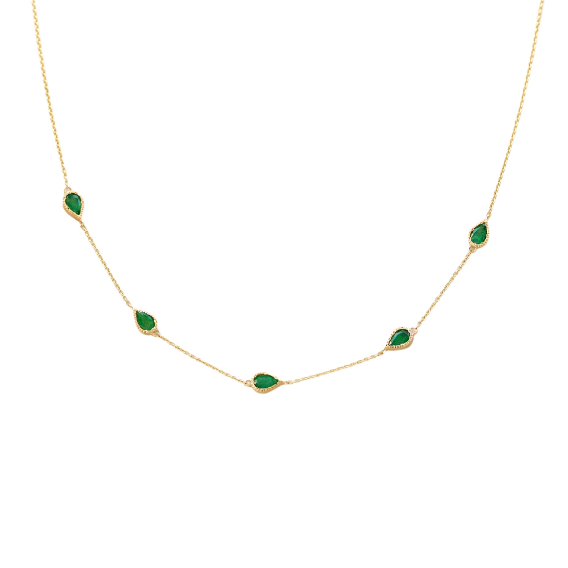 Five Pear Shape Emerald Bezel Set Station Necklace