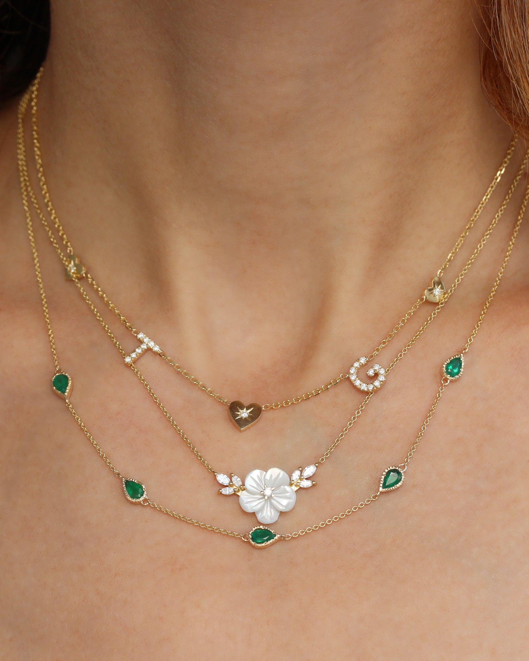 Five Pear Shape Emerald Bezel Set Station Necklace