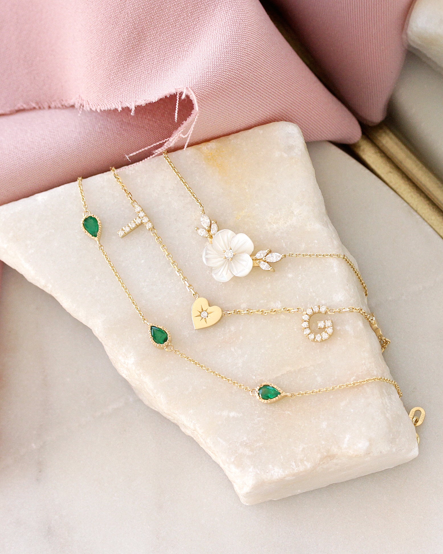 Five Pear Shape Emerald Bezel Set Station Necklace