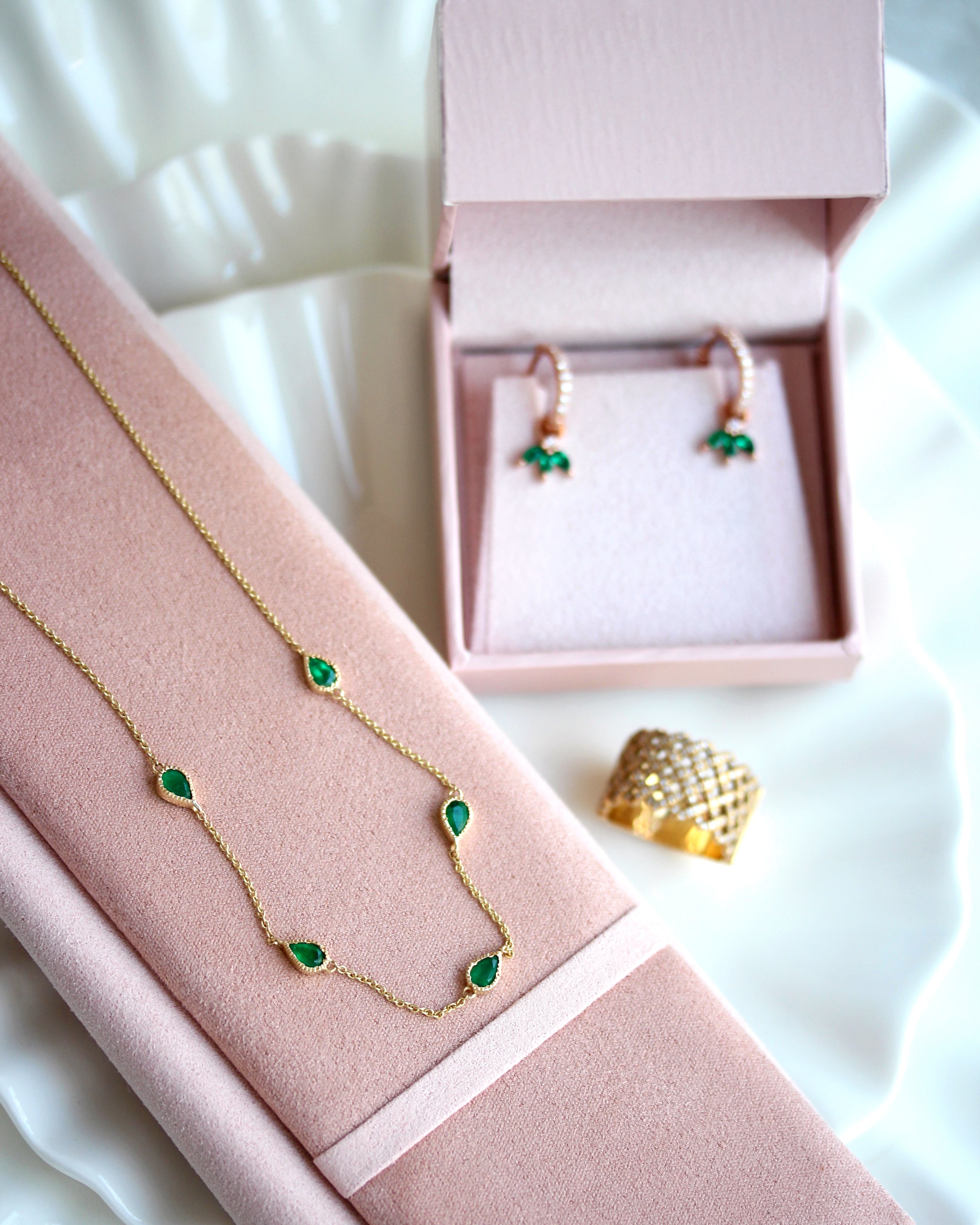 Five Pear Shape Emerald Bezel Set Station Necklace