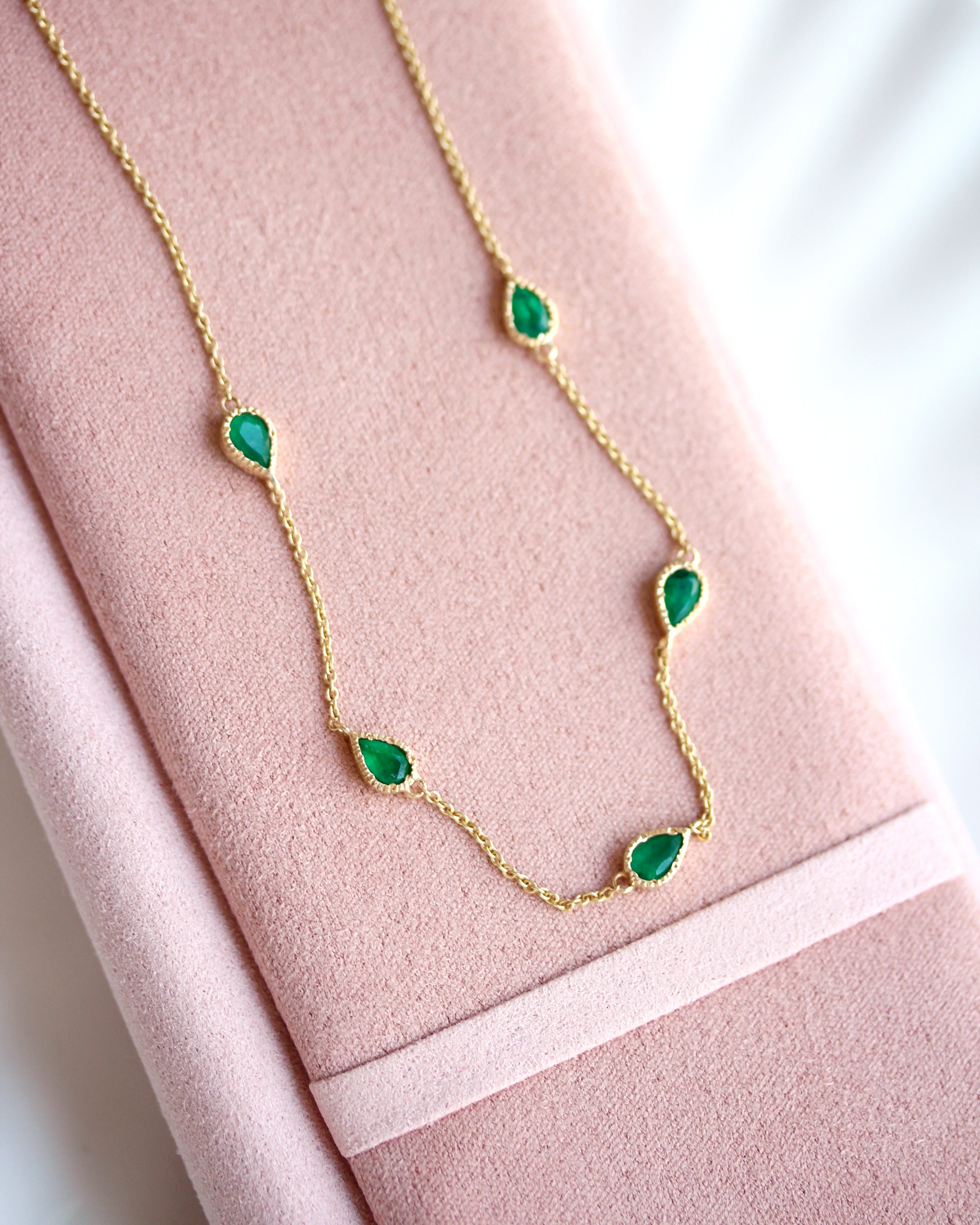 Five Pear Shape Emerald Bezel Set Station Necklace