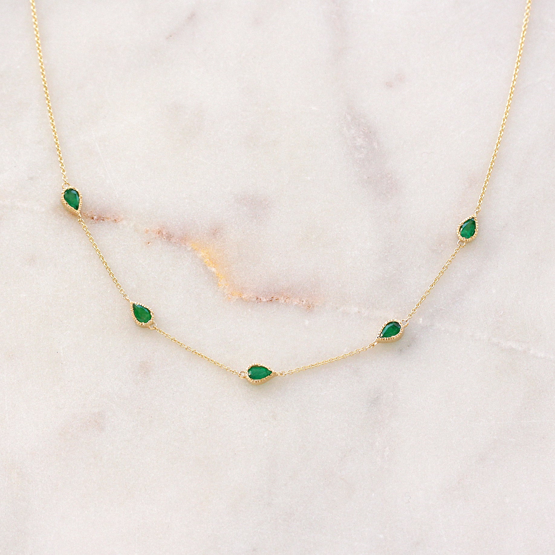Five Pear Shape Emerald Bezel Set Station Necklace